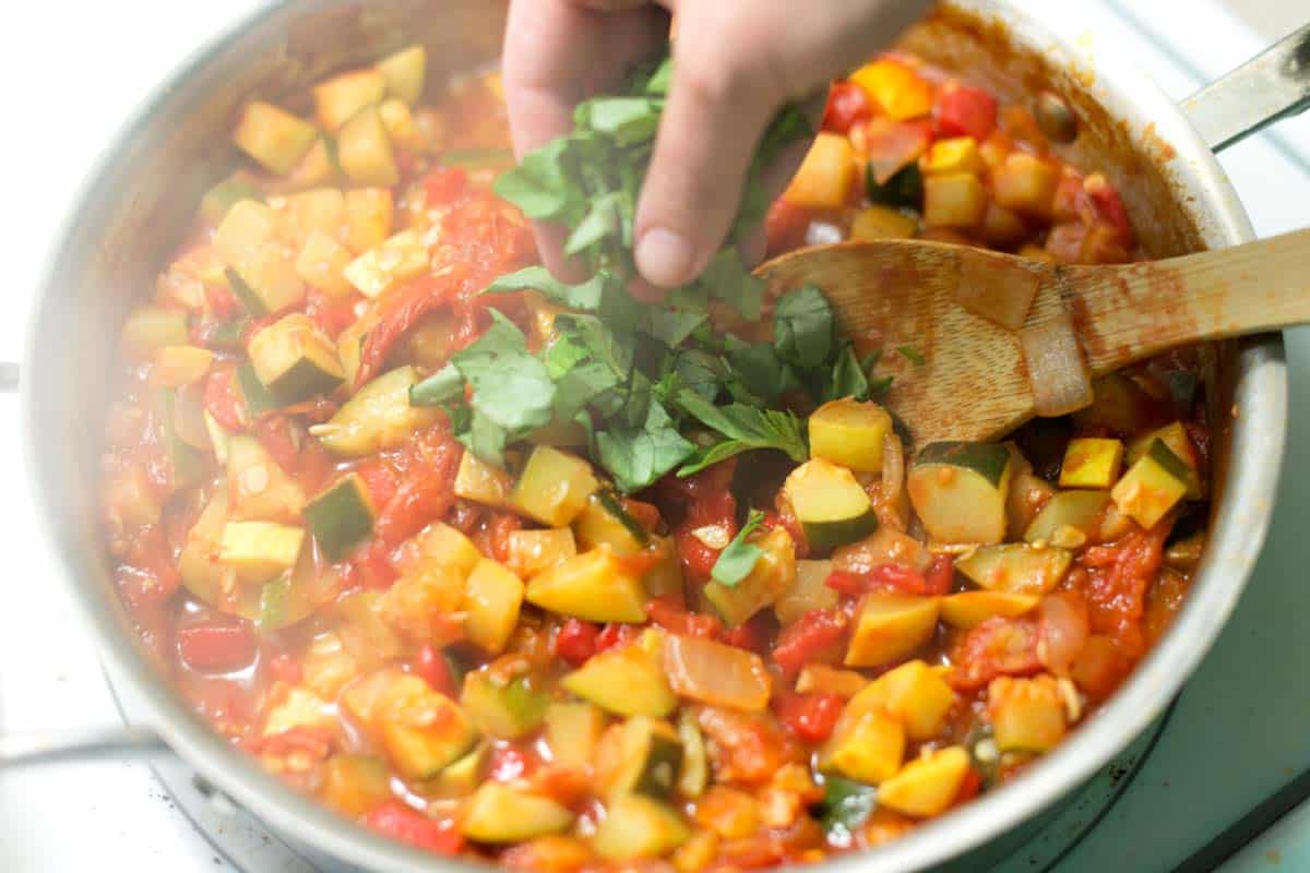 Making vegetable sauce for our vegetable lasagna