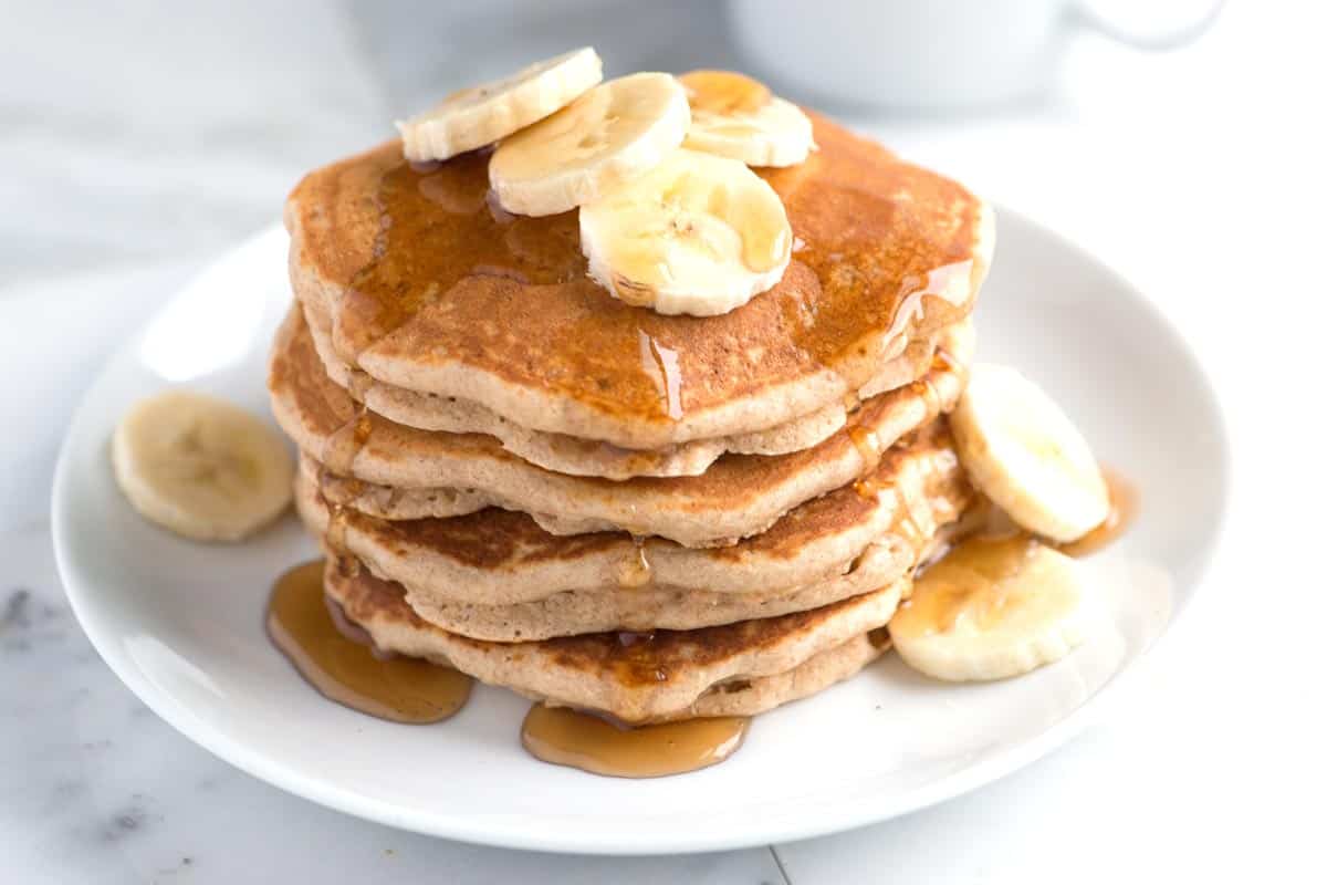 Stack of the best homemade whole wheat pancakes