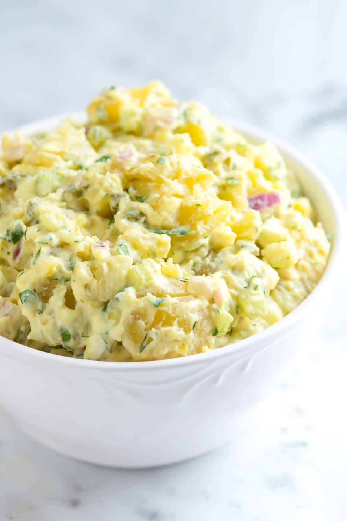 Bowl of our best potato salad with a creamy dressing