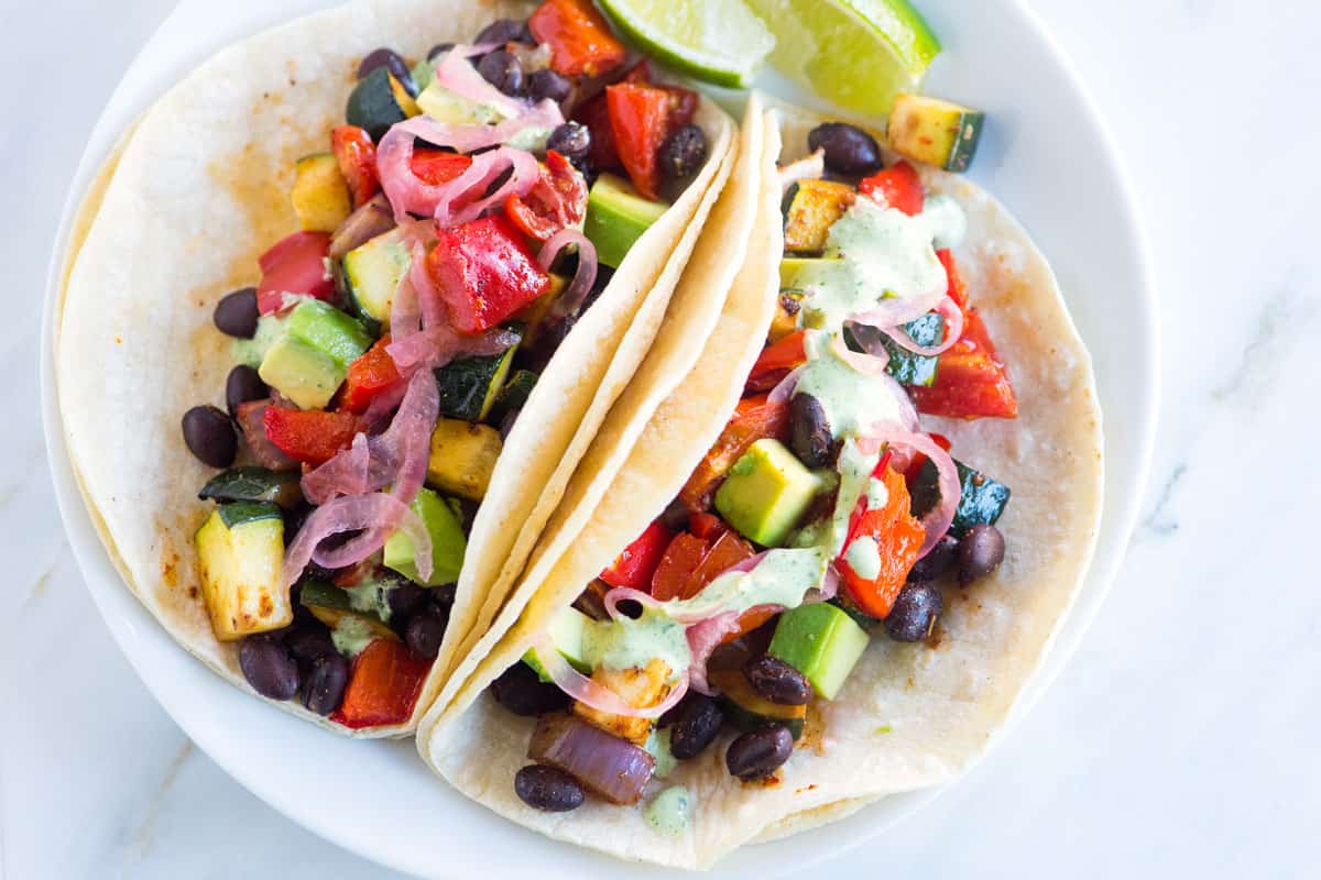 Roasted Veggie Tacos with Creamy Cilantro Sauce