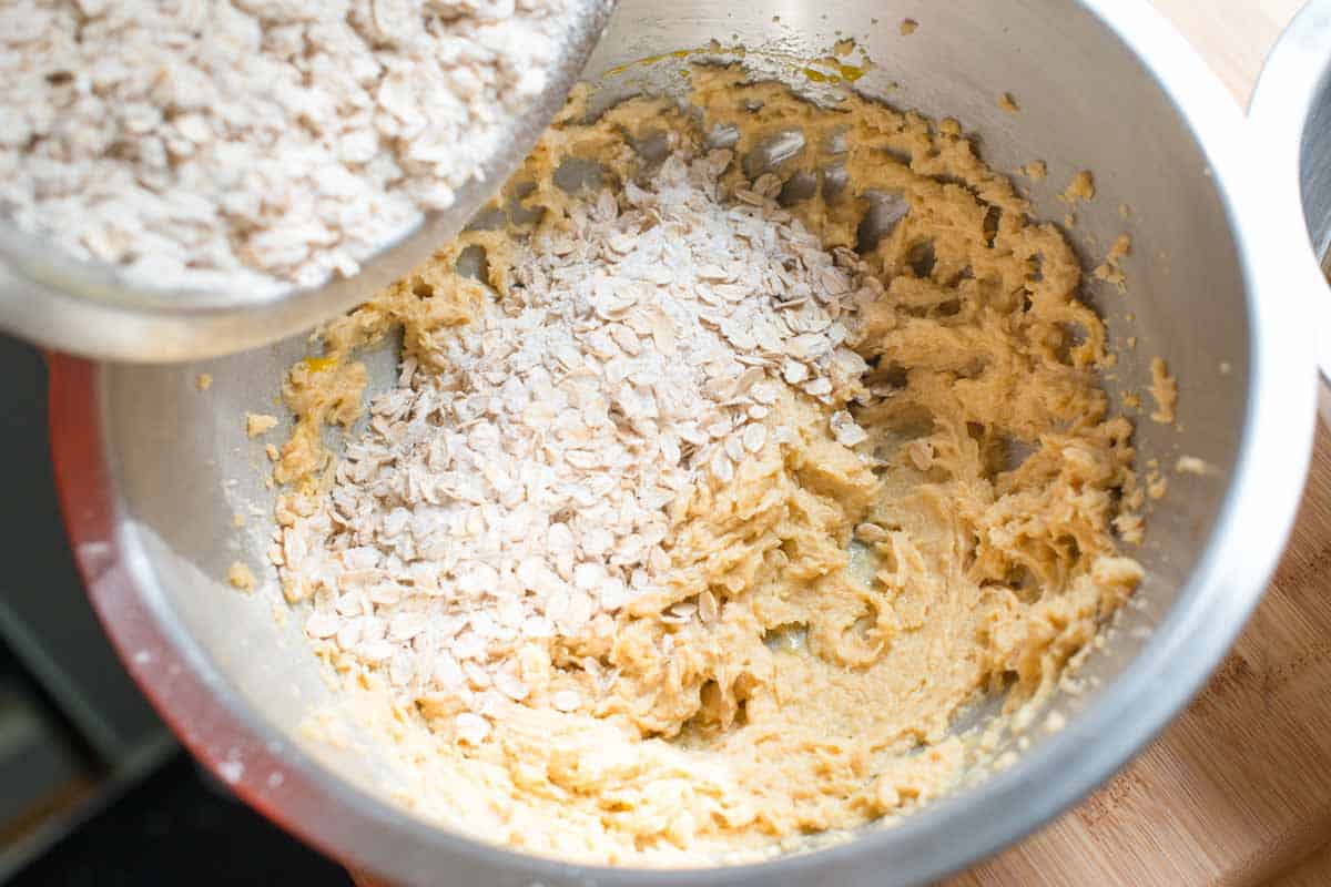 How to Make Oatmeal Raisin Cookies: Adding the dry ingredients to the butter and sugar