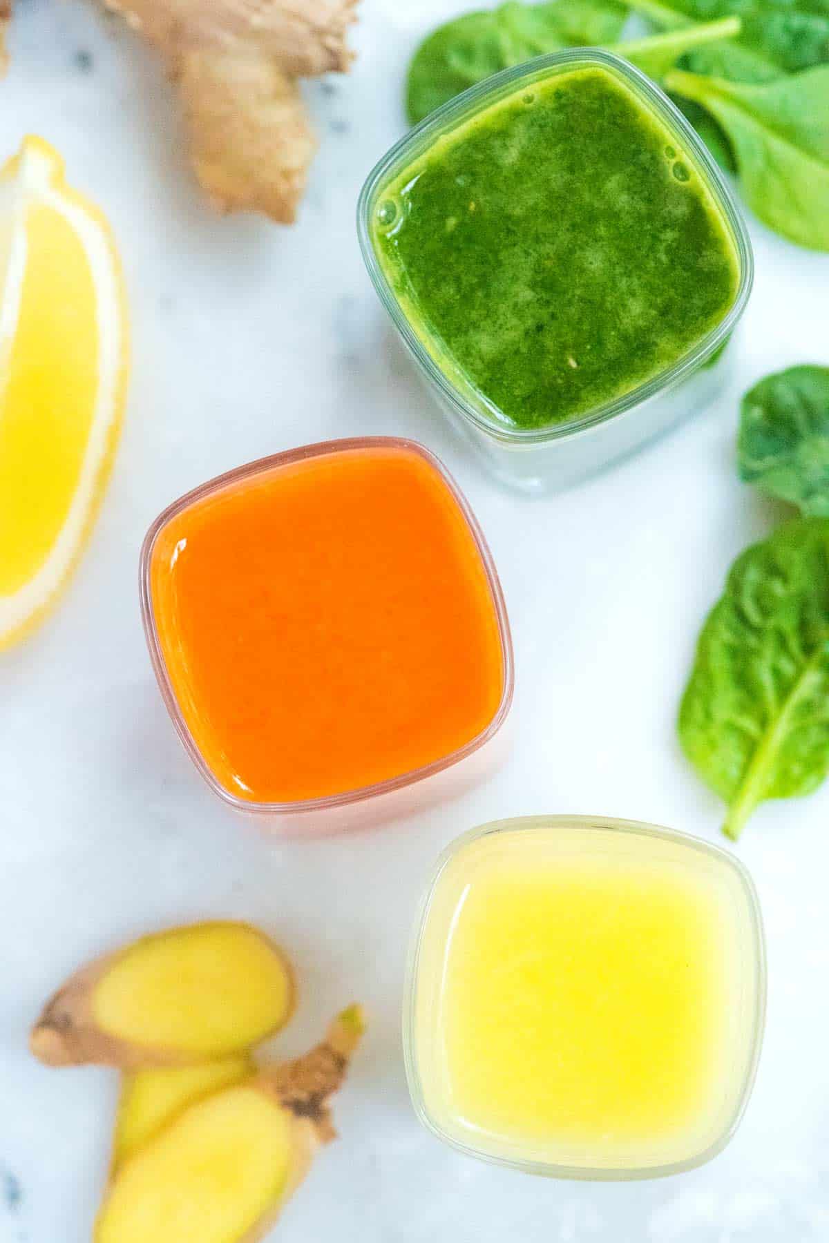 Three Ginger Power Shot Recipes including Lemon Ginger, Carrot Ginger and a Green Apple Ginger Shot Immunity Boosting Ginger Shots including Lemon Ginger, Carrot Ginger and a Green Apple Ginger Shot