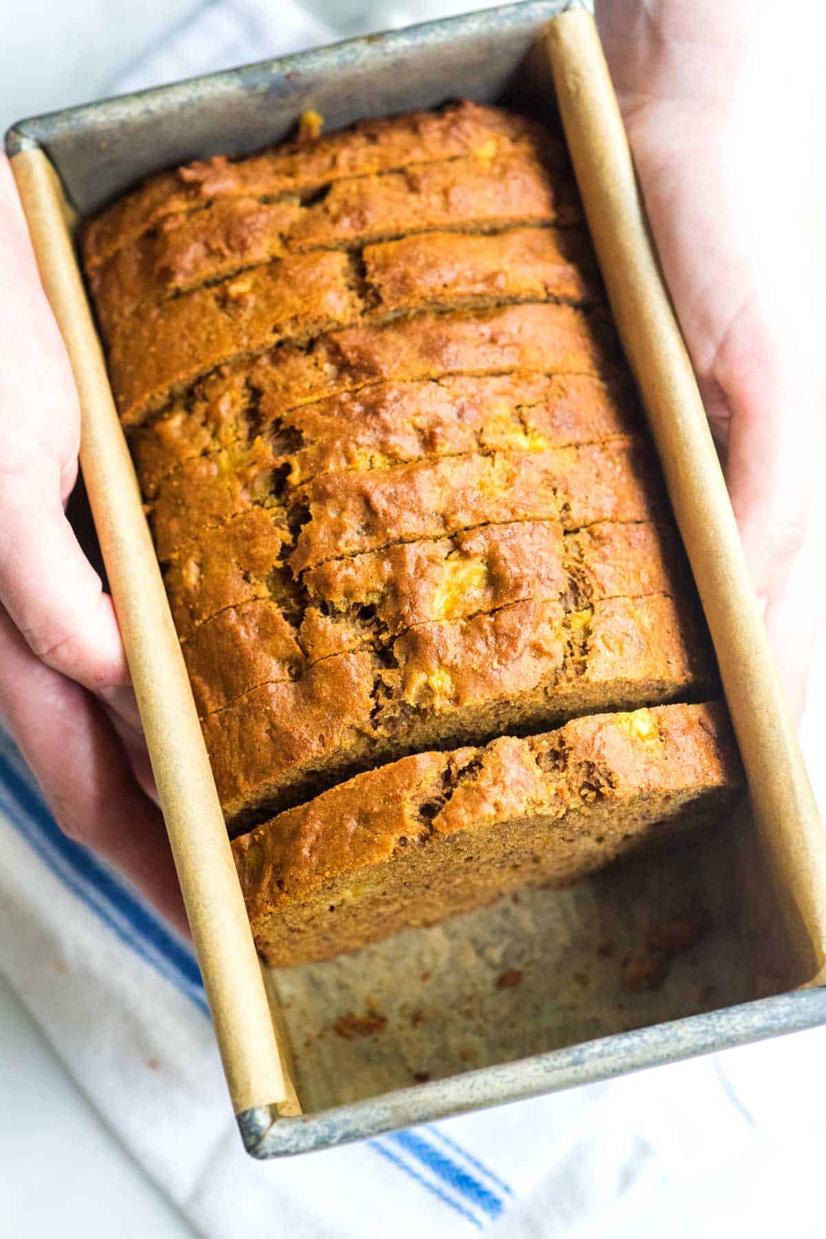 baked banana bread made with lower sugar and added whole grains