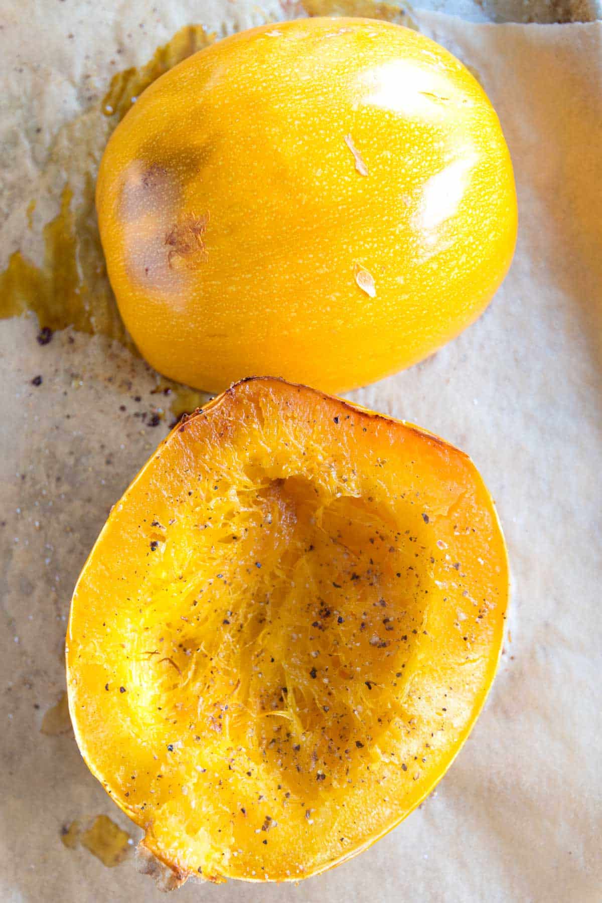 How to cook spaghetti squash (roasting squash halves on a baking sheet in the oven)