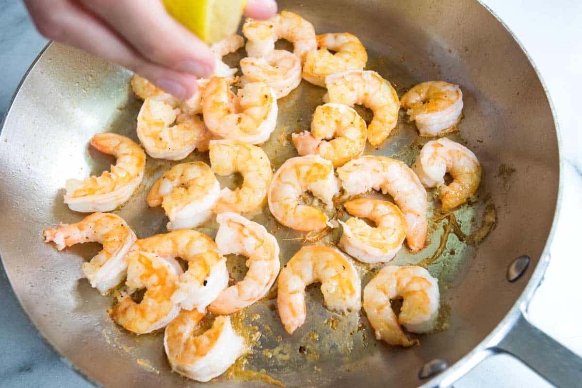 We keep the shrimp for these soba noodles simple, just olive oil, salt, pepper, and lemon.