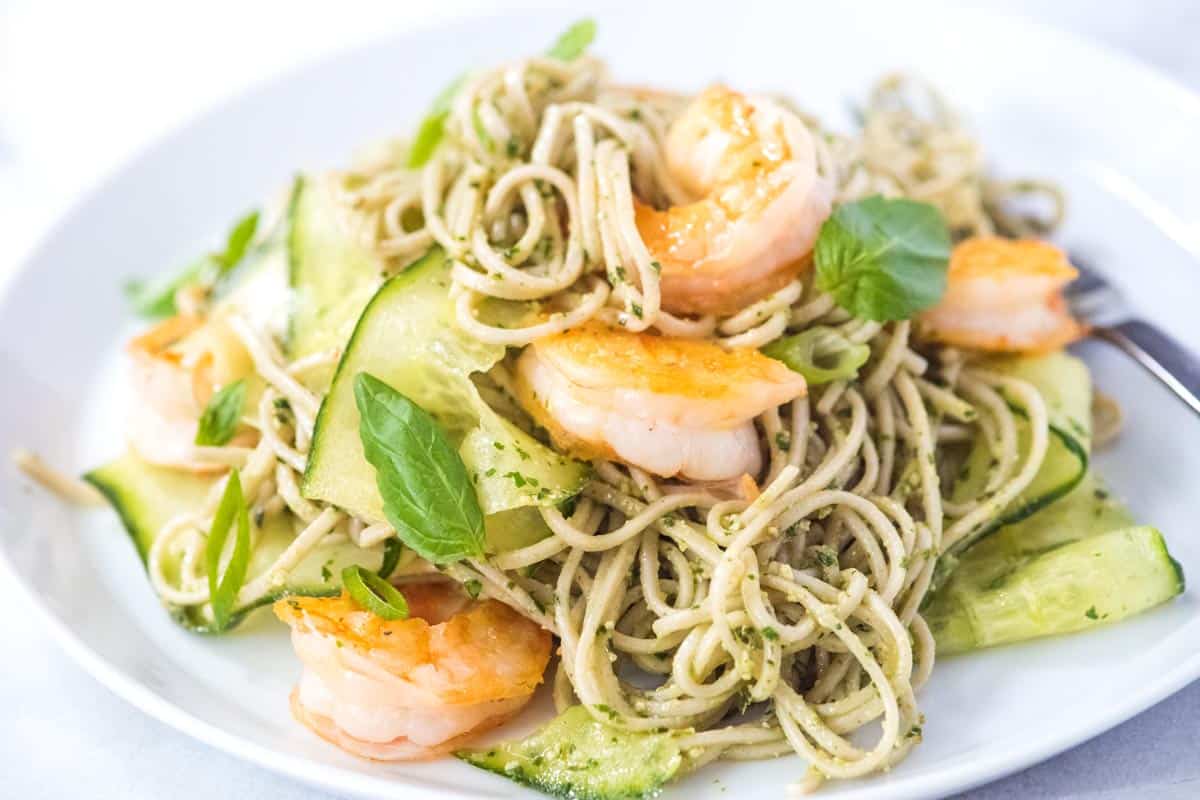 Ridiculously Good Shrimp Pesto Soba Noodles Recipe
