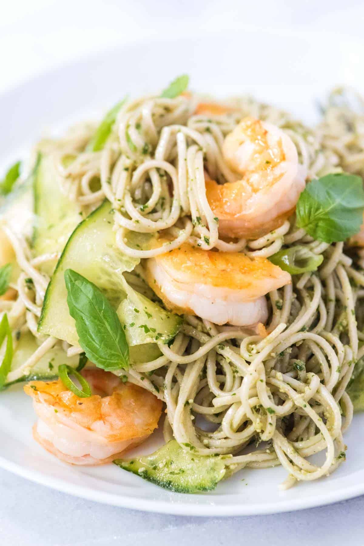 Ridiculously Good Shrimp Pesto Soba Noodles Recipe // You will love this quick and fresh soba noodles recipe with basil pesto, shrimp, and cucumber. Made in under 25 minutes!