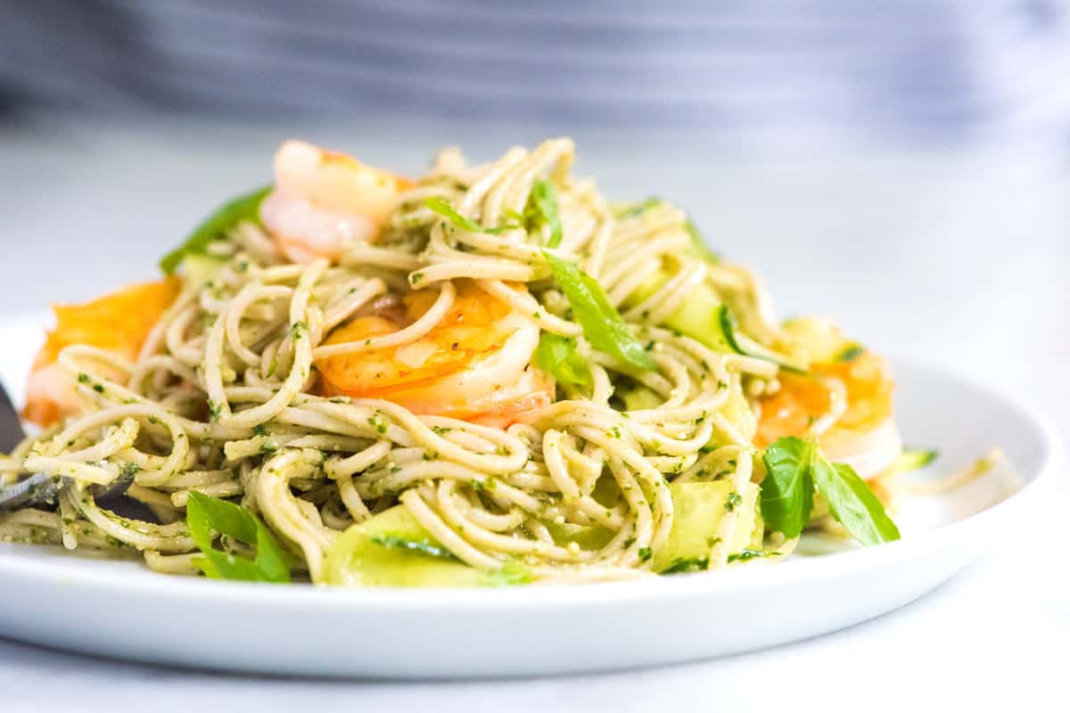 Pesto Shrimp Soba Noodles with Cucumber Ribbons