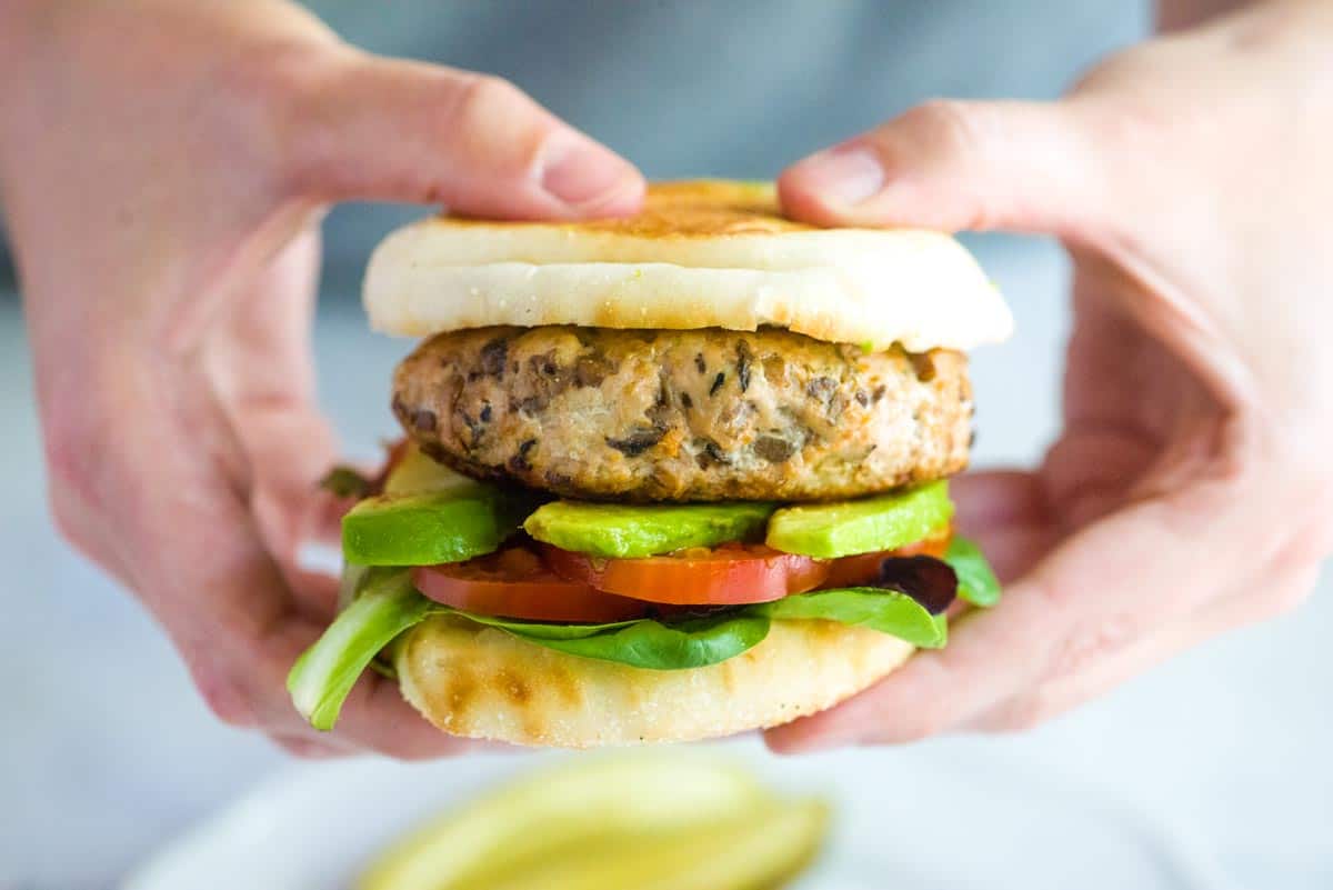 Turkey Burgers served in an Engglish muffin with avocado