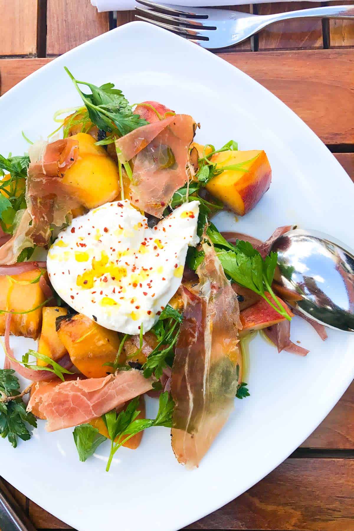 Peach and Burrata Salad from Saffron Mediterranean Kitchen in Walla Walla, Washington