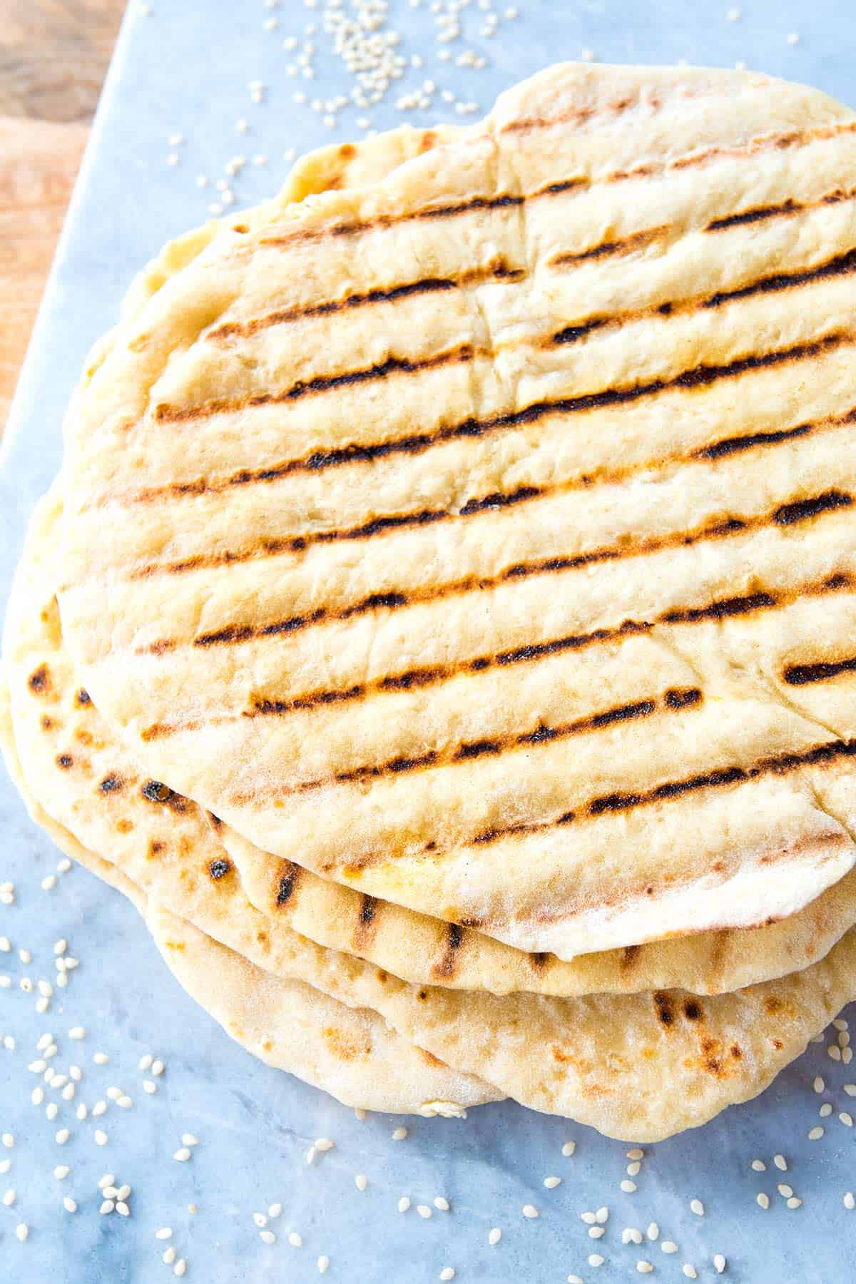 A stack of homemade garlic flatbread