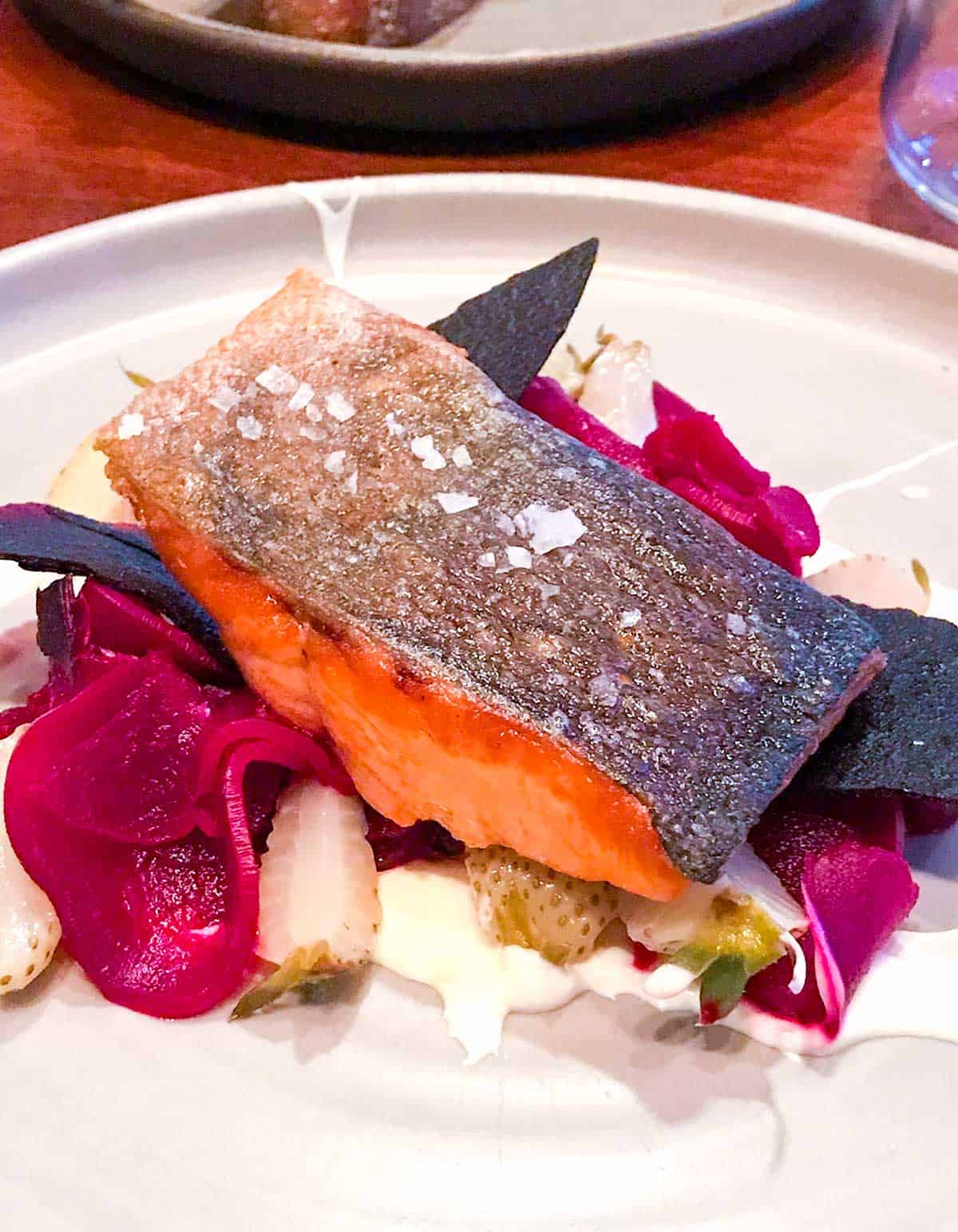 The salmon with cultured cream, beets and green strawberries from Ursa Minor on Lopez Island