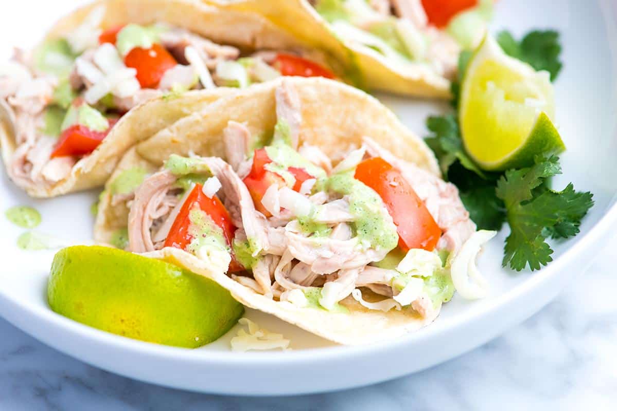 These easy shredded chicken tacos are full of flavor thanks to well seasoned chicken and a bright and creamy cilantro sauce.