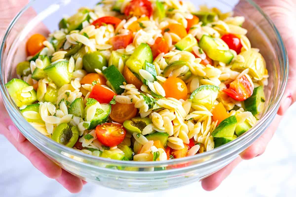 Orzo Pasta Salad with Cucumbers, Olives, and Tomatoes