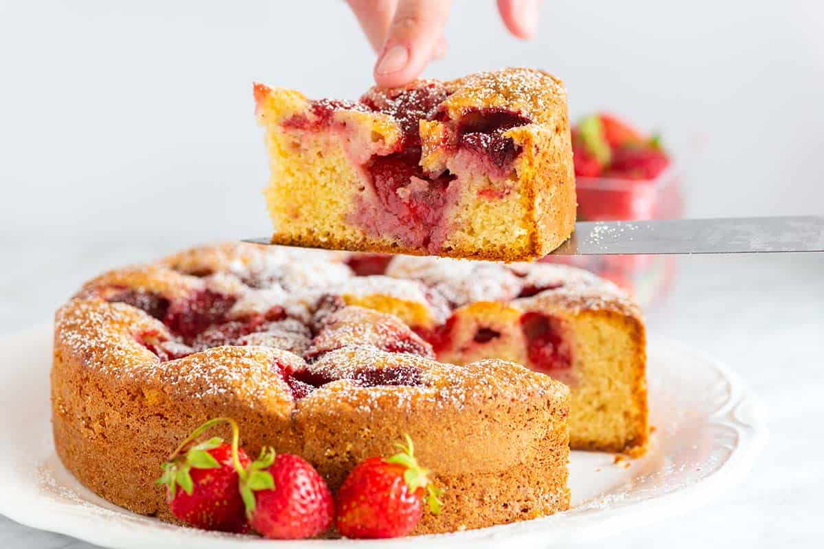 Slice of freshly baked strawberry cake