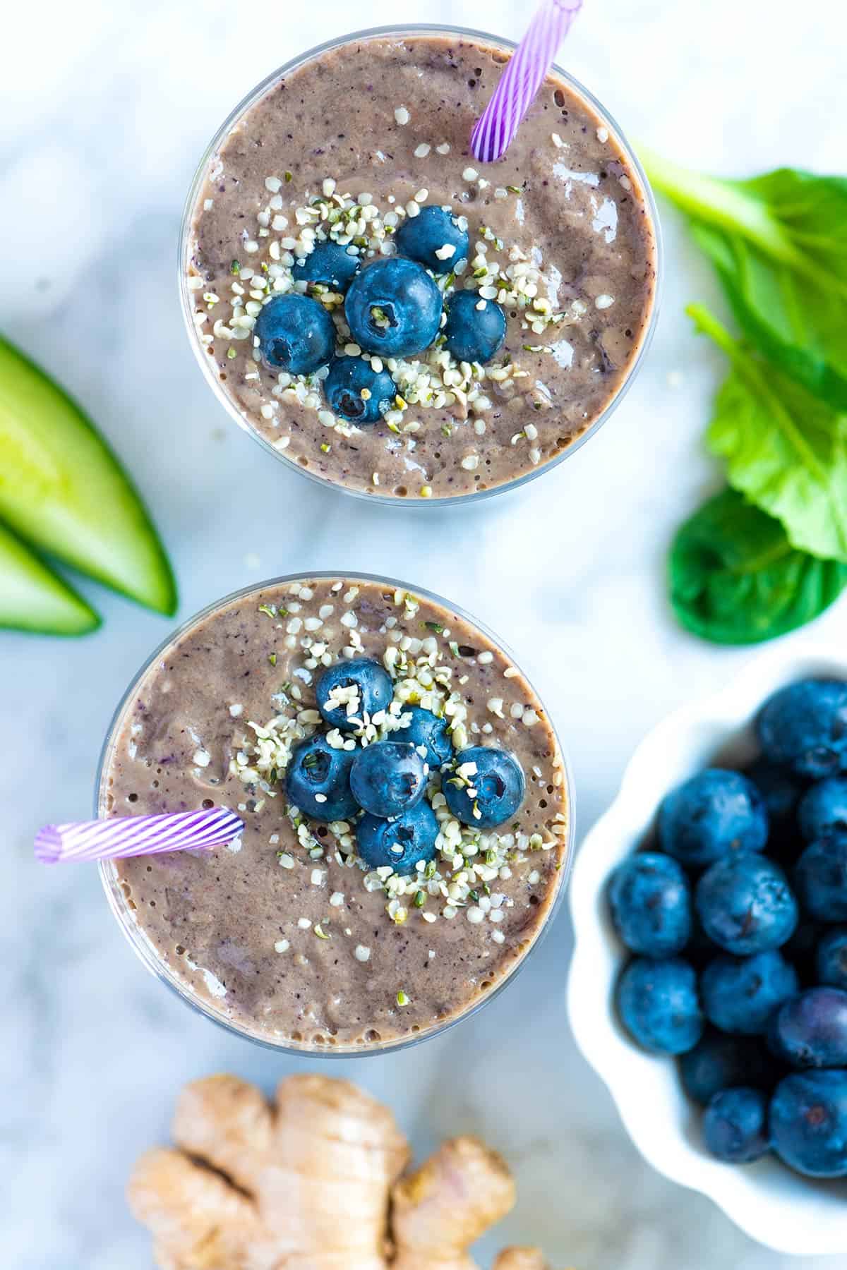 Easy blueberry smoothie recipe that keeps you happy for hours. One small smoothie offers almost 5 grams of fiber as well as 5 grams of protein. Easy blueberry smoothie recipe that keeps you happy for hours. One small smoothie offers almost 5 grams of fiber as well as 5 grams of protein.
