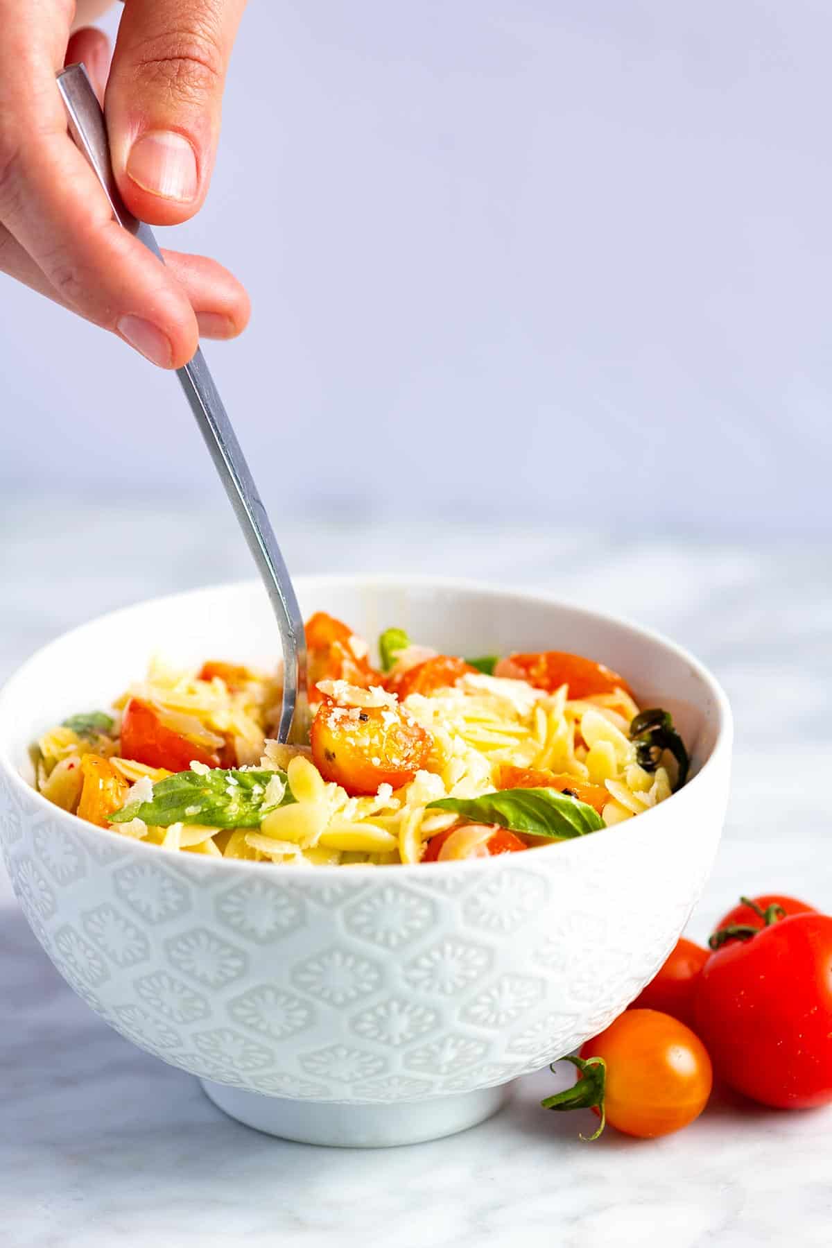 A plate of orzo pasta with tomatoes and basil