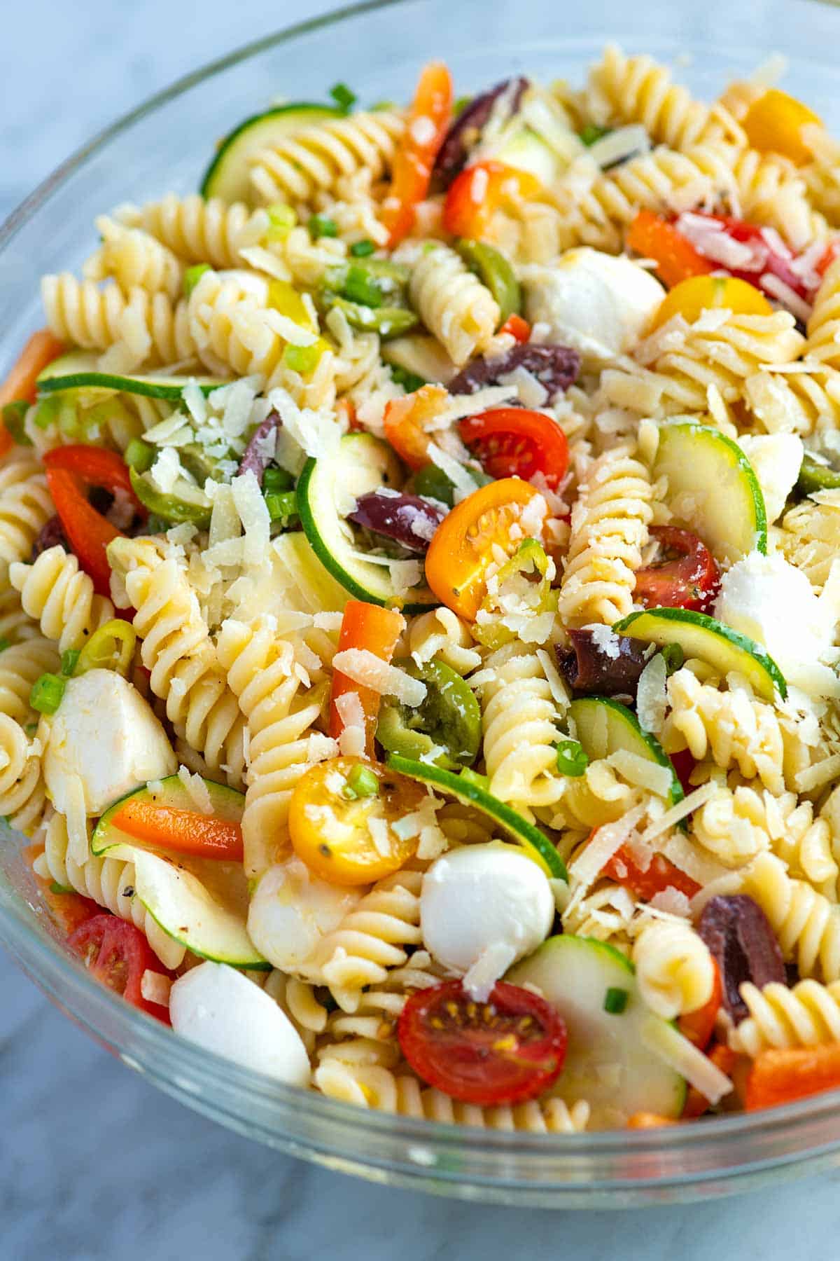 Homemade Pasta Salad with veggies, mozzarella and parmesan.