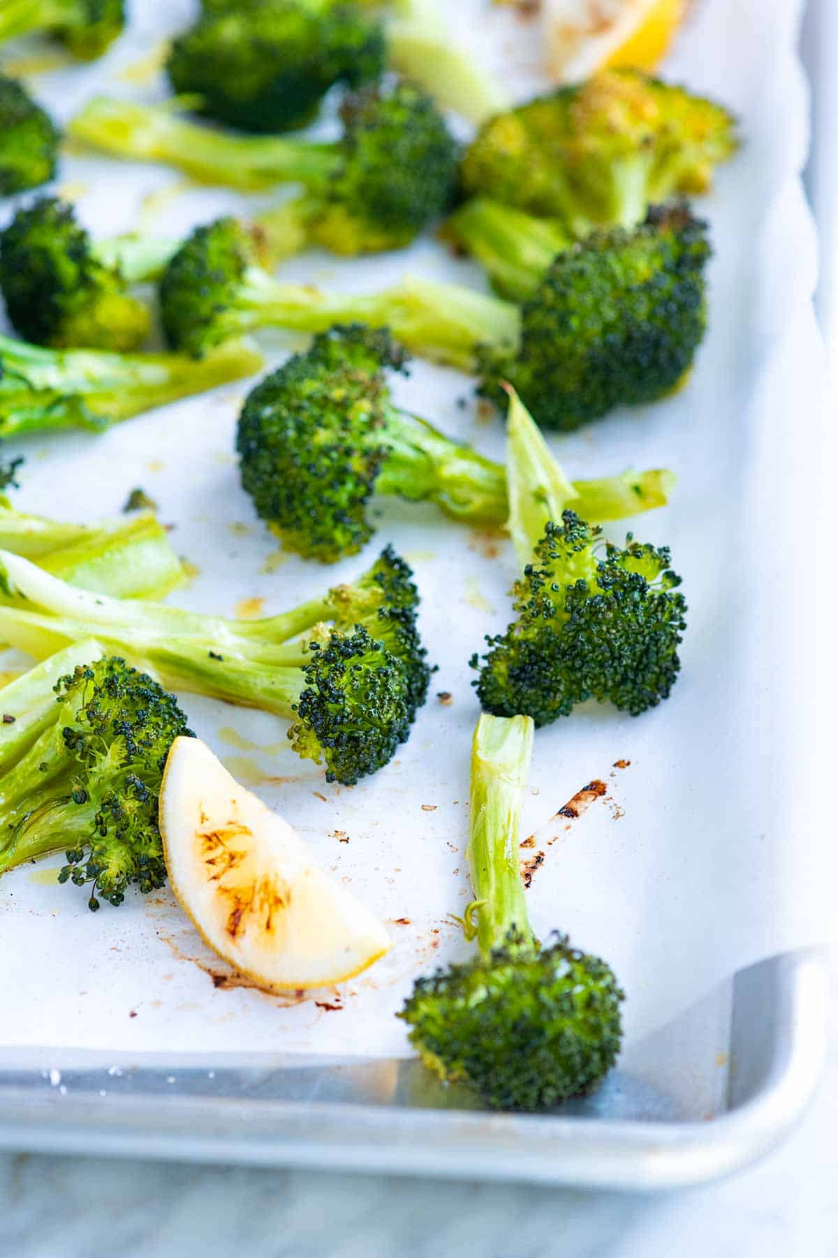 Roasted broccoli on a sheet pan