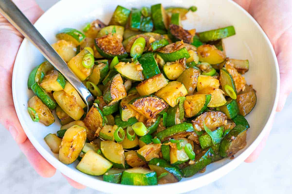 A bowl of Garlic Butter Sauteed Zucchini 