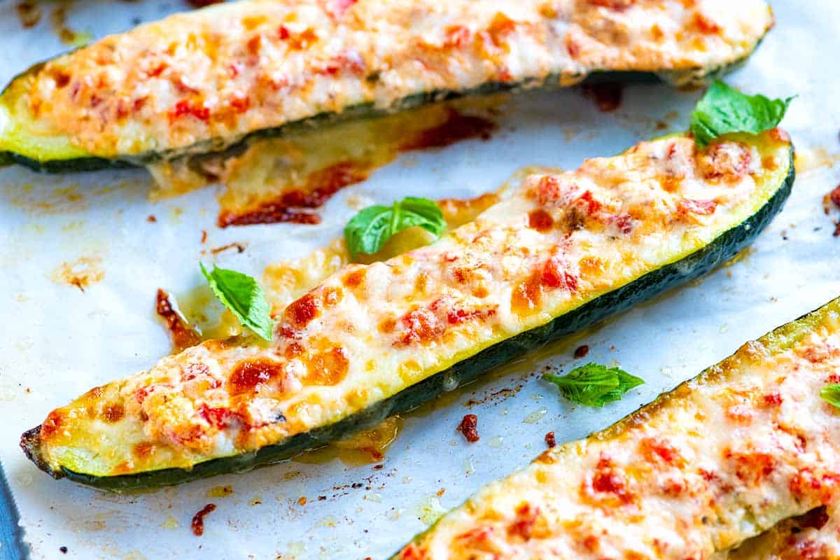 Cheesy Roasted Red Pepper Stuffed Zucchini