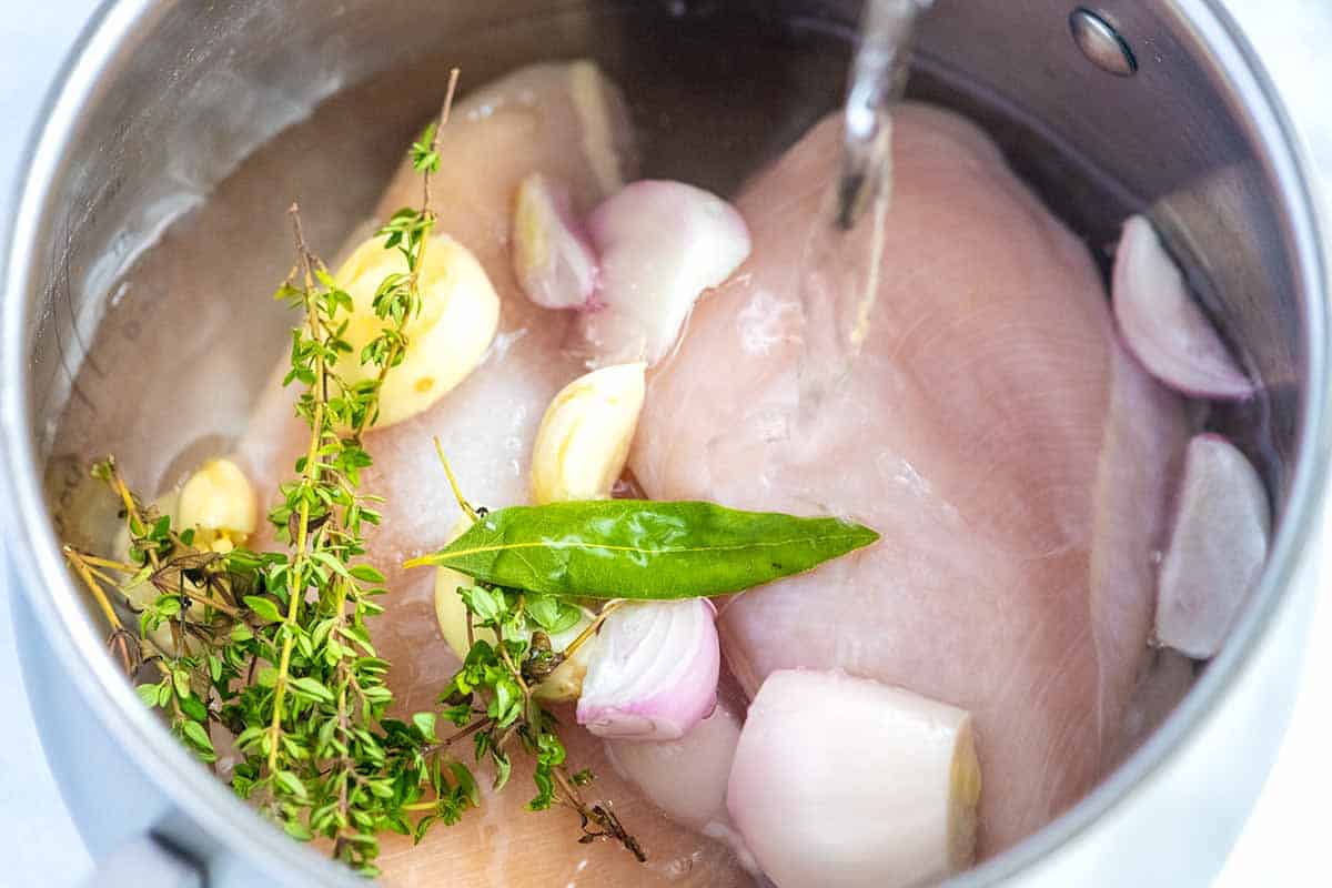 चिकन ब्रेस्ट को पानी, लहसुन और जड़ी-बूटियों से पकाना