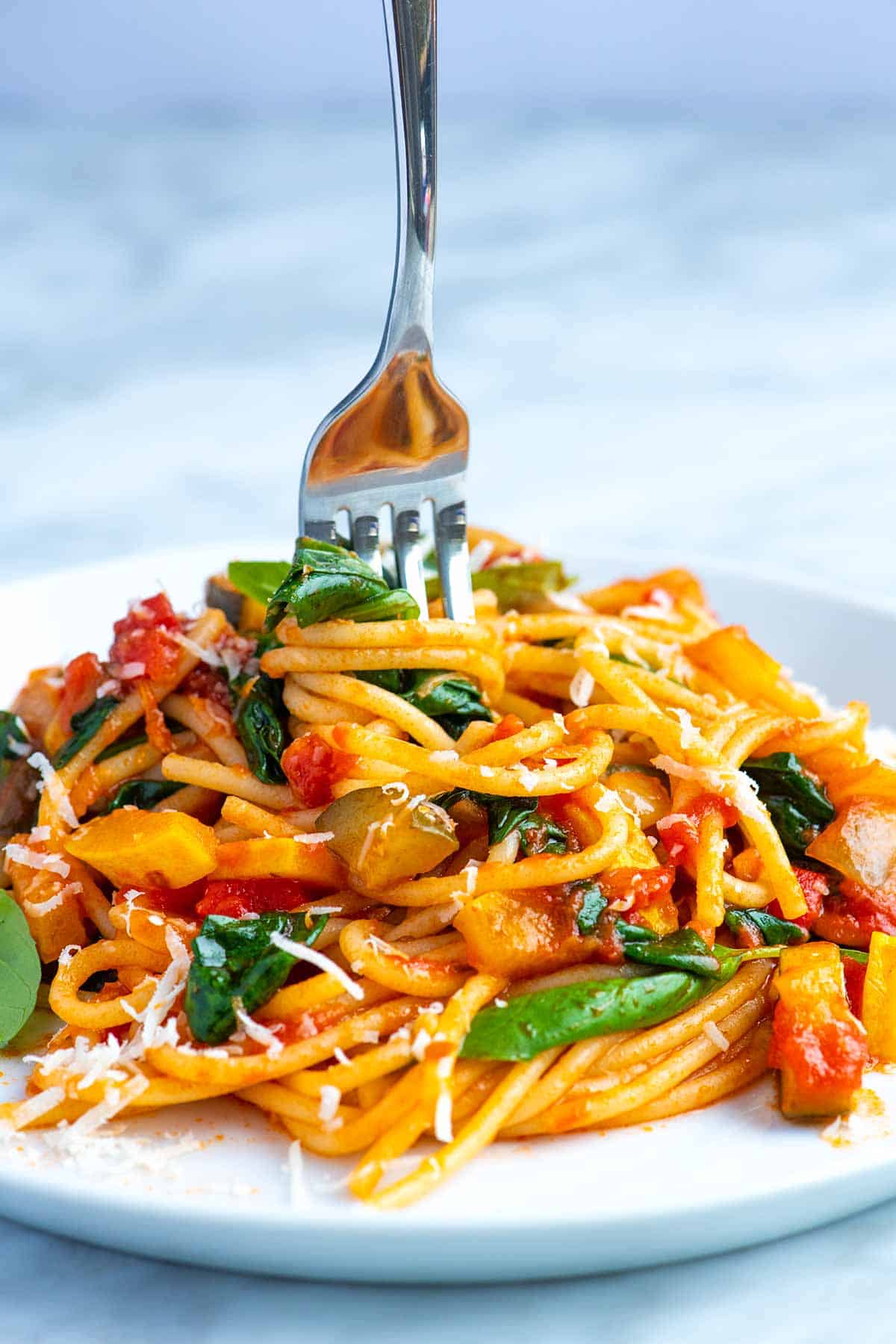 bowl of spaghetti with vegetables