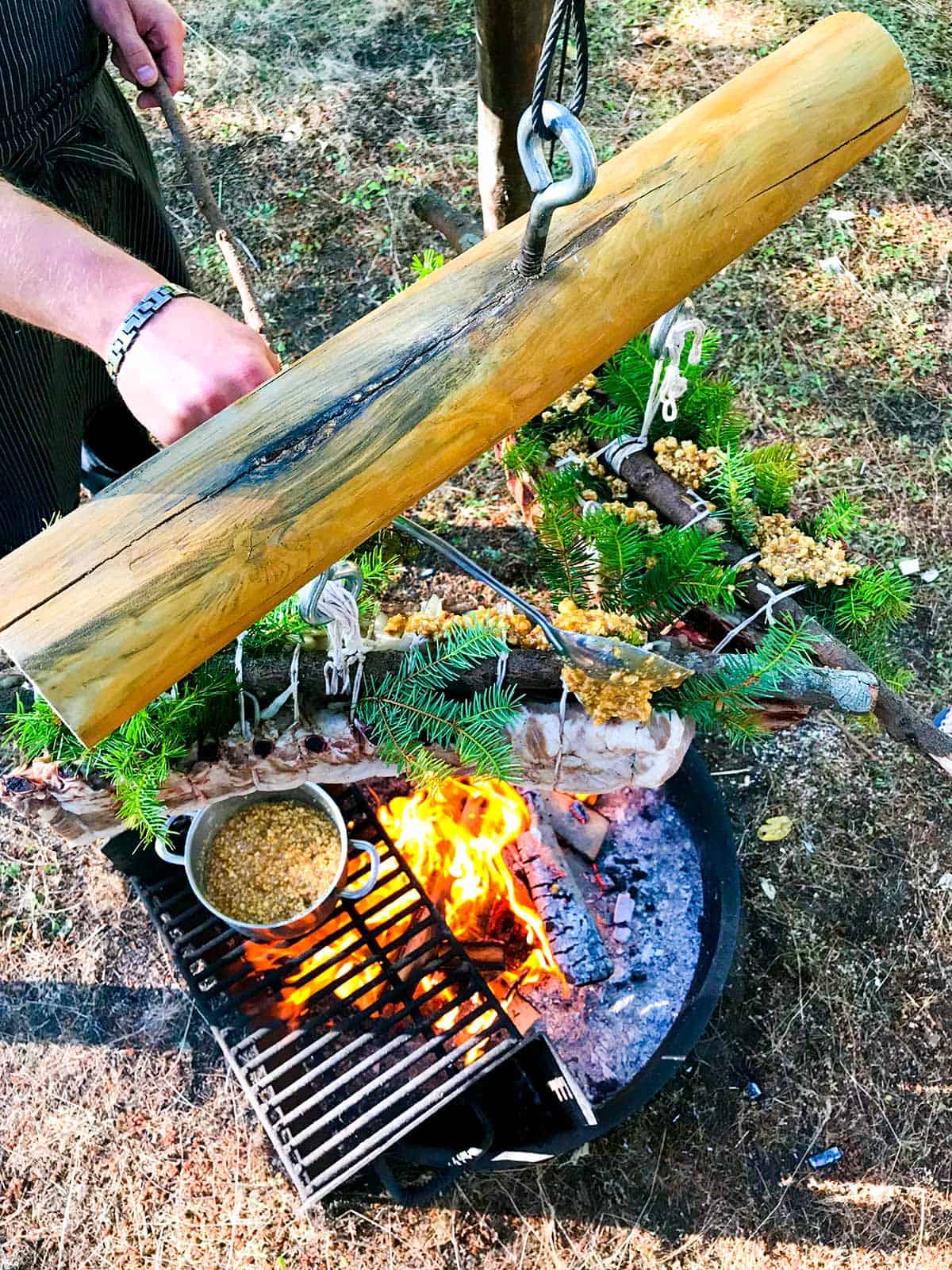 Lakedale's Gourmet Glamping Series, Chef Wieczorek working on his previously sous vide pork being finished over an open fire with a glaze of hazelnut and Douglas Fir honey