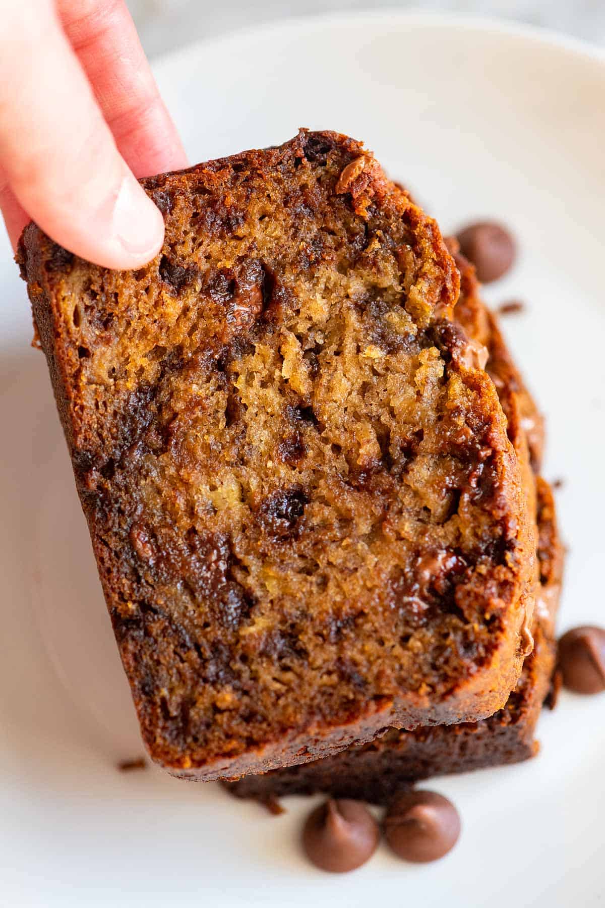 A slice of chocolate chip banana bread