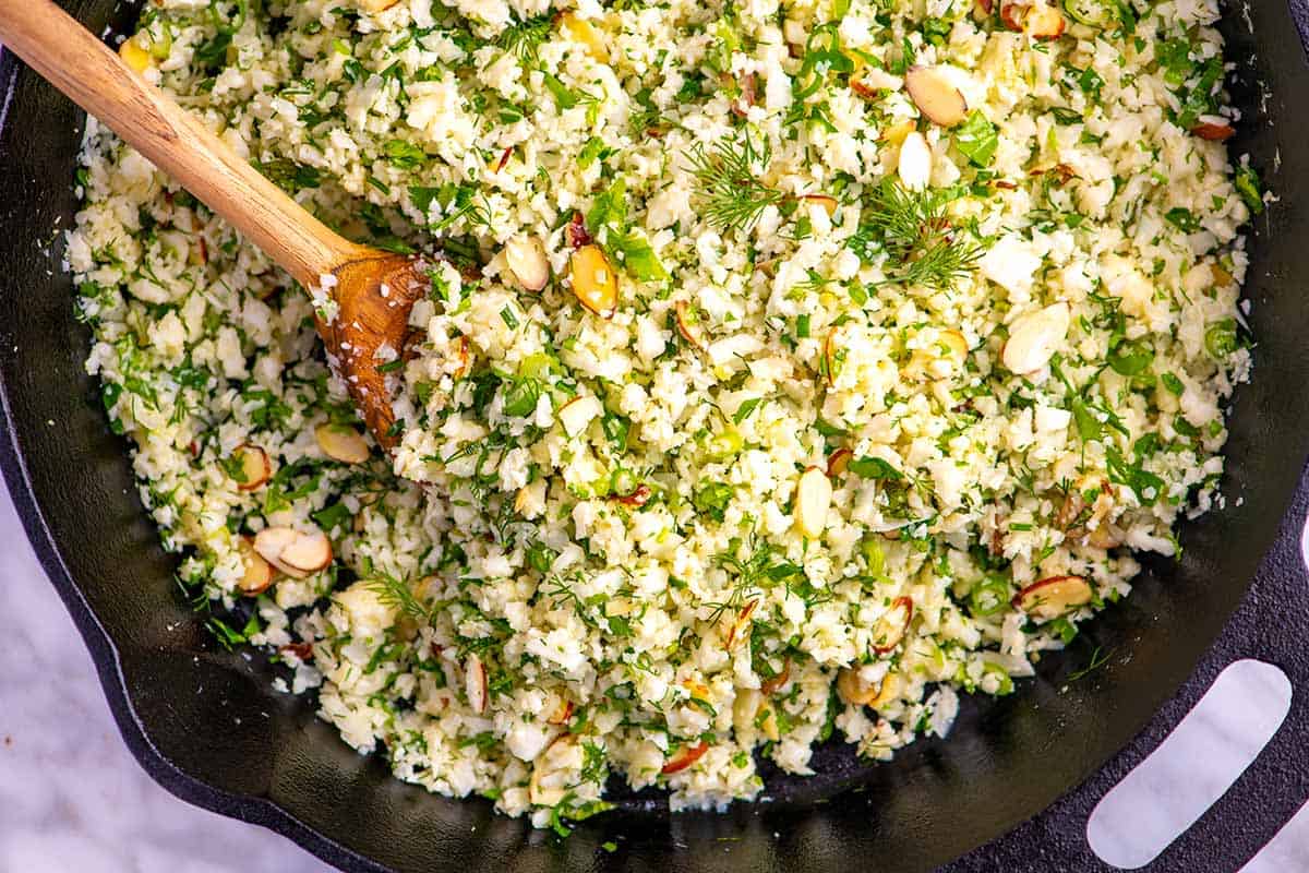 Easy herbed cauliflower rice made in a skillet