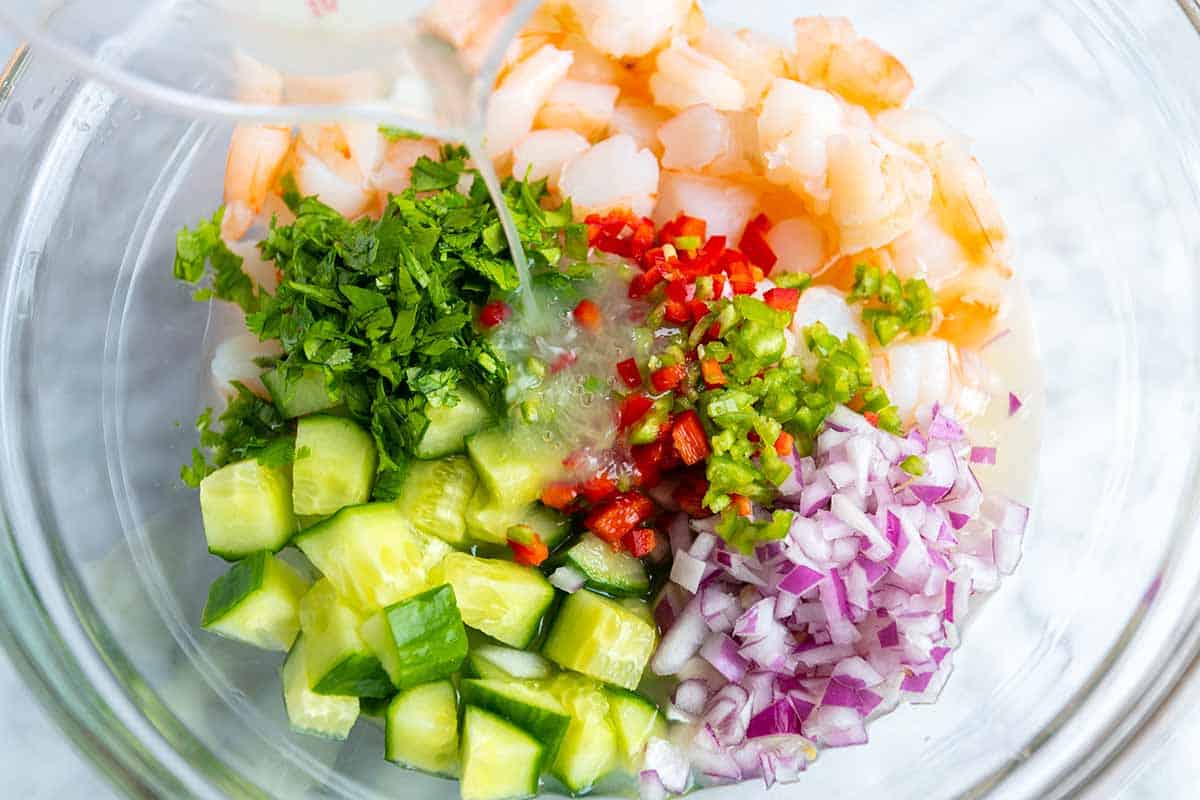 How to Make Shrimp Ceviche, Marinate the shrimp with citrus juices in the refrigerator for 30 minutes before serving.