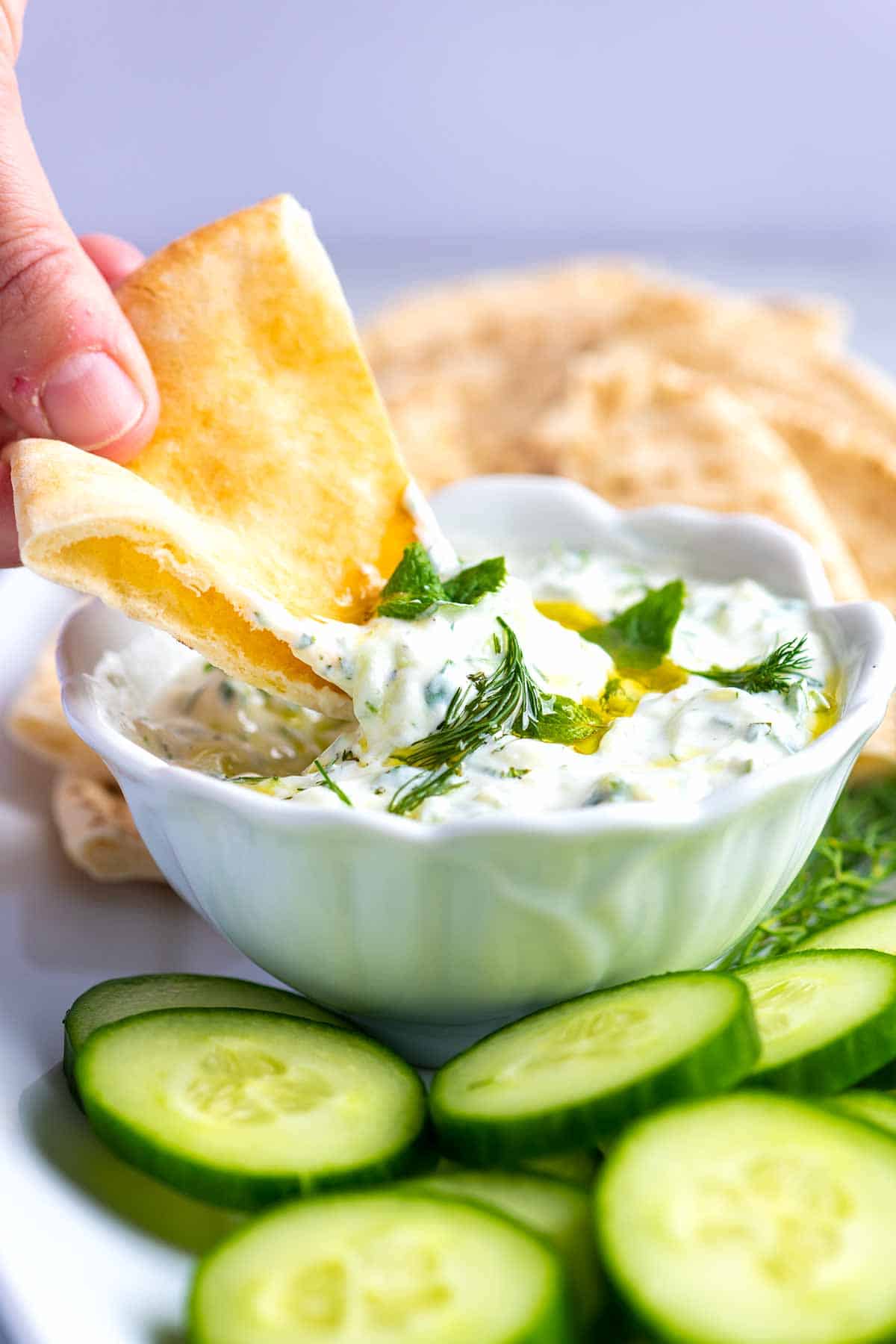 Tzatziki Sauce with pita and cucumbers