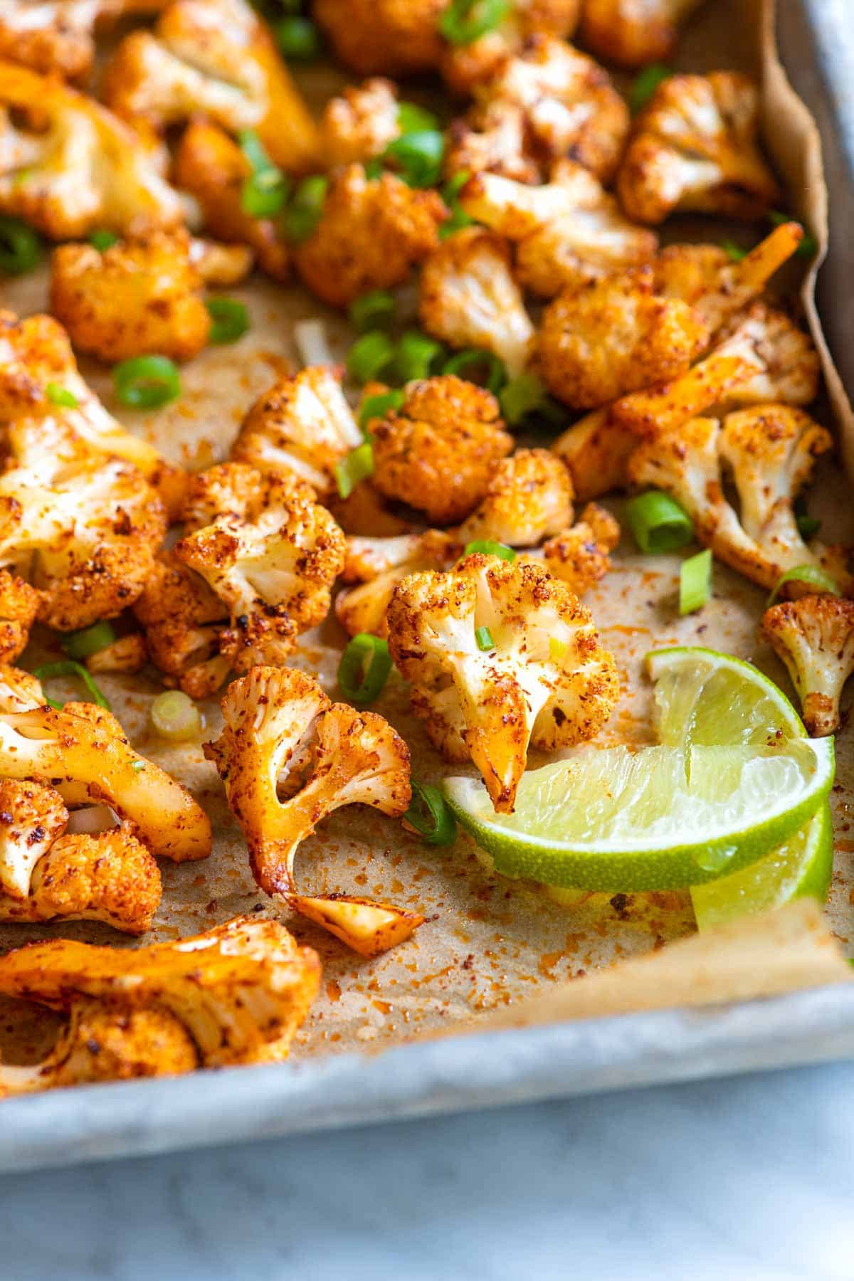 Spicy Roasted Cauliflower with spices and fresh lime juice. 