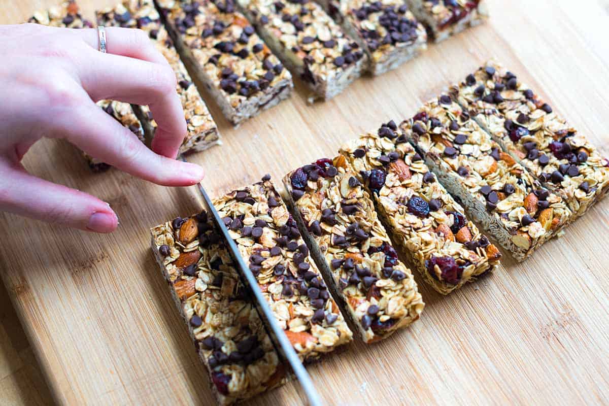 Cutting homemade granola bars.