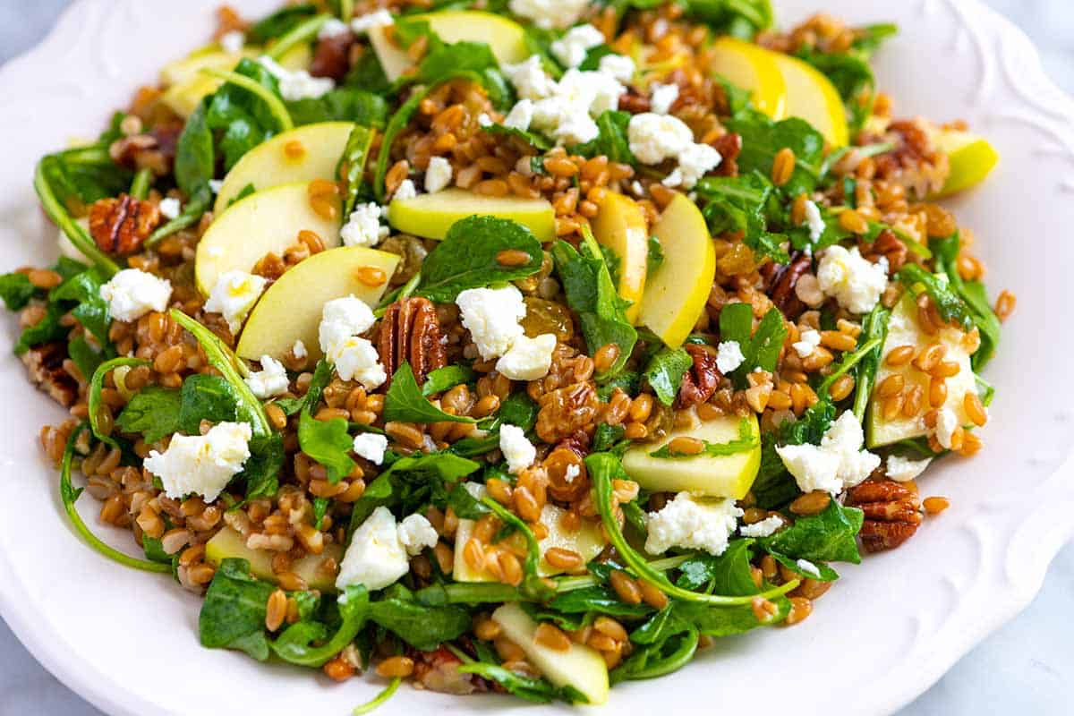 farro salad made with cooked farro, sweet apples and greens