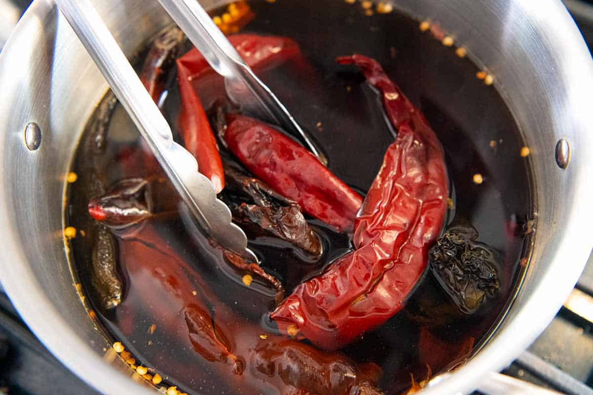 Rehydrating chili peppers for enchilada sauce