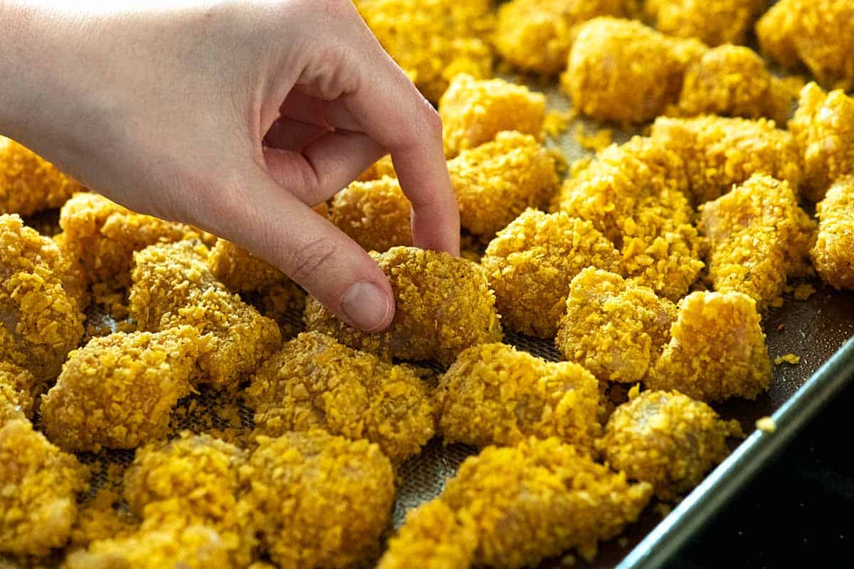 Breaded popcorn chicken ready to bake or air fry