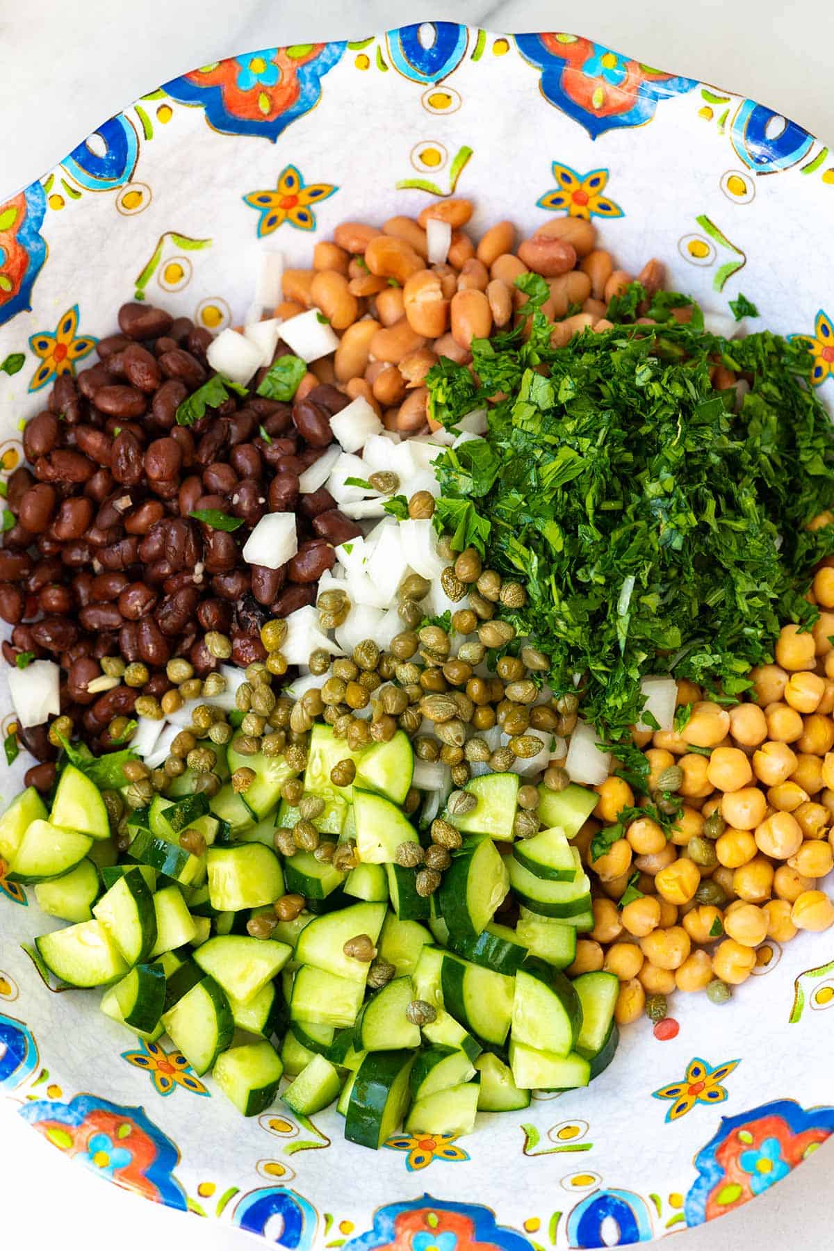 Ingredients for Bean Salad (Beans, Onion, Cucumber and Parsley)