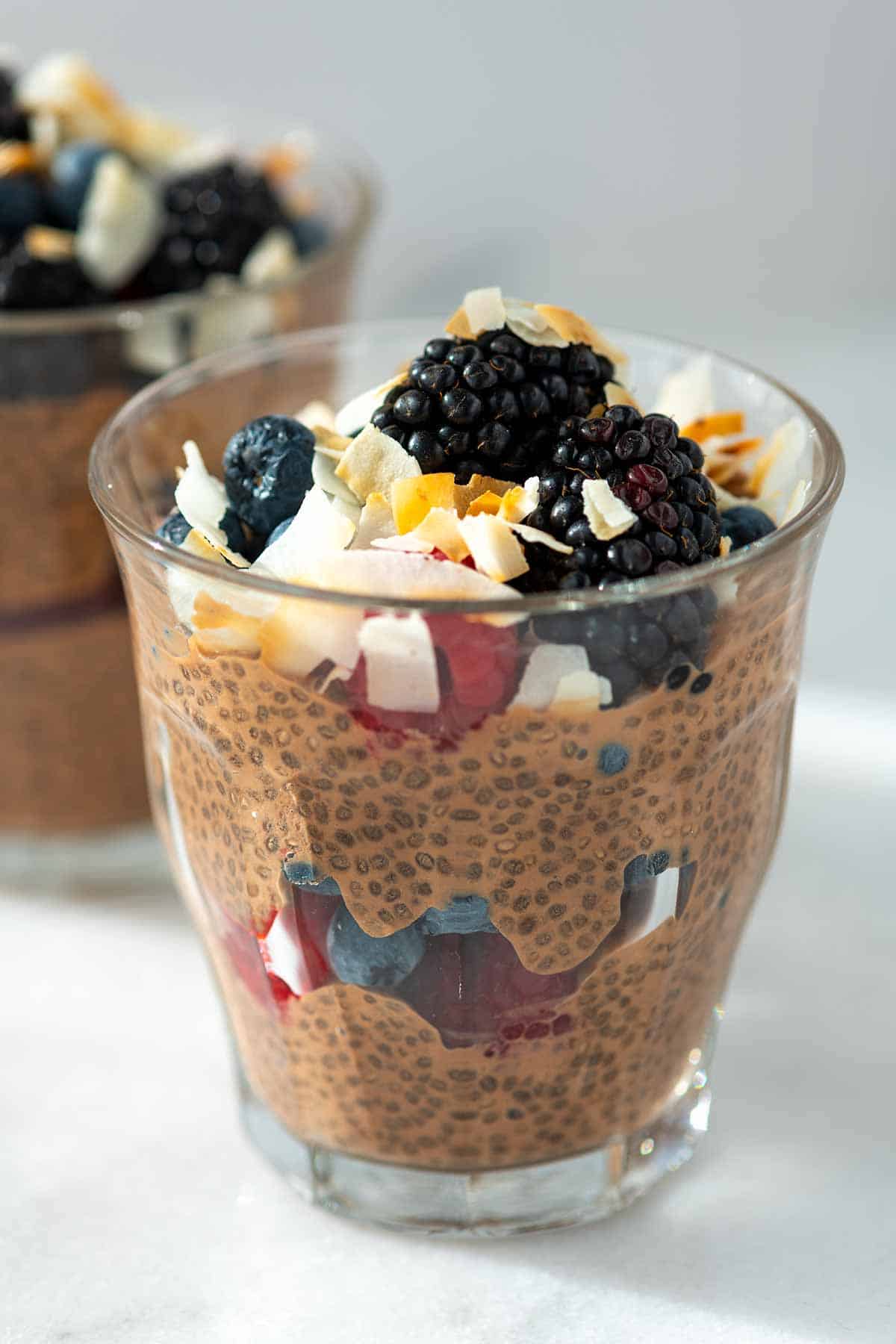 Chocolate Chia Pudding with berries and coconut