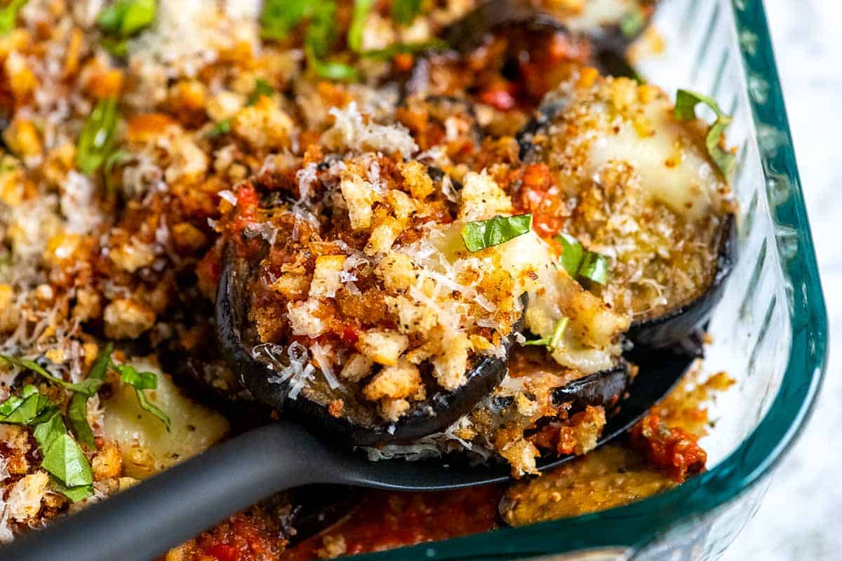 Eggplant Parmesan with parmesan cheese and fresh basil