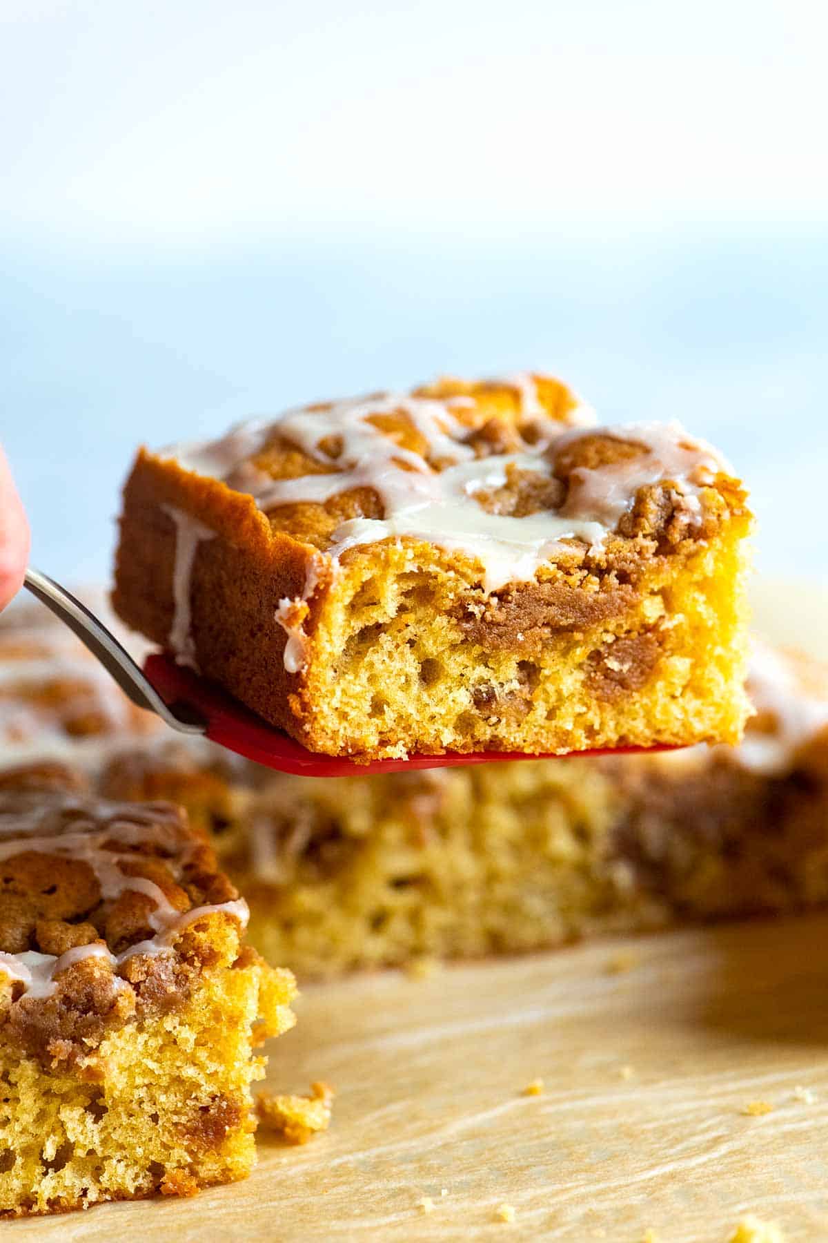 A slice of homemade coffee cake made with a cinnamon brown sugar streusel