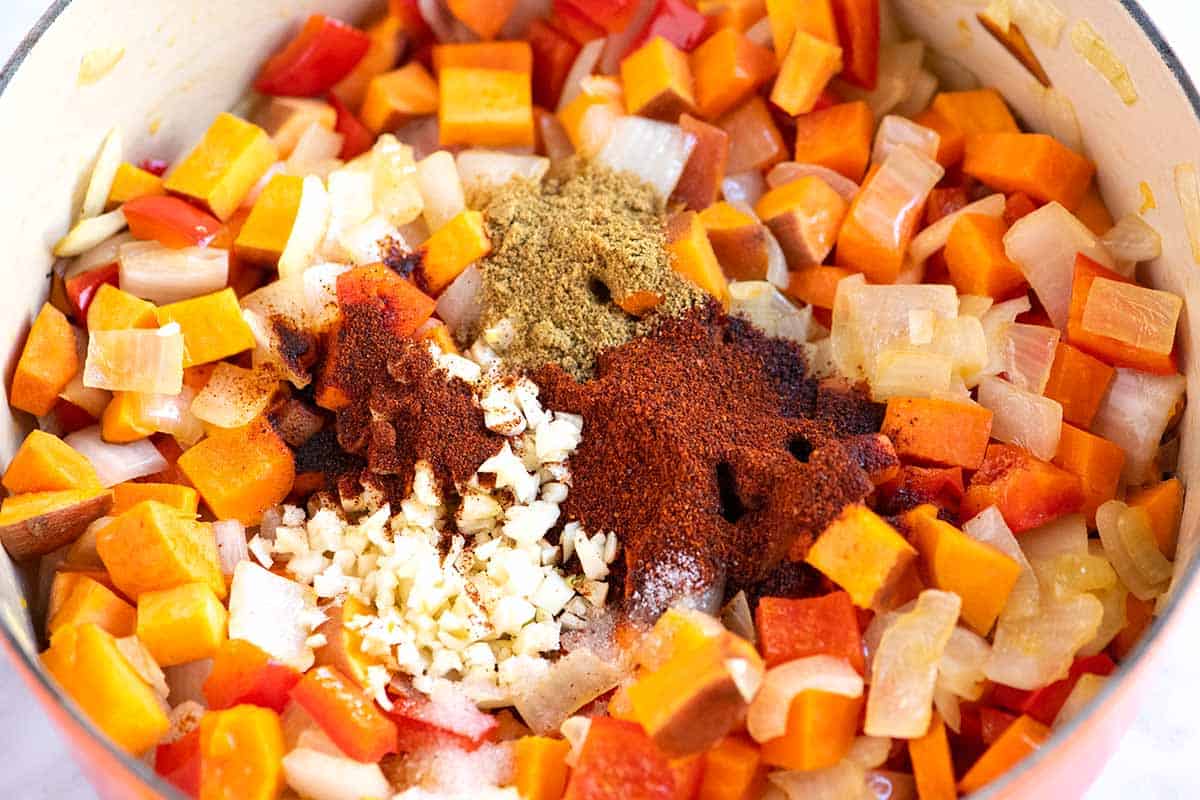 Cooking vegetables for bean and quinoa chili