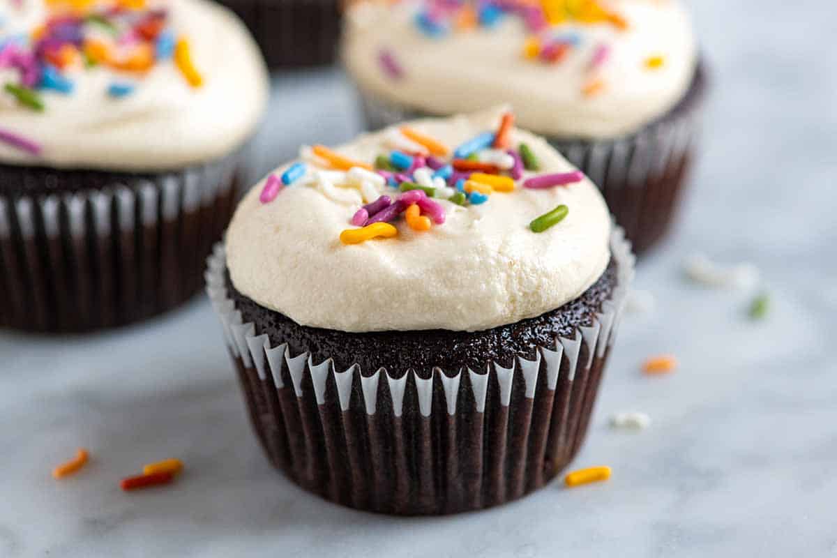 Easy Chocolate Cupcakes with Vanilla Buttercream and Sprinkles