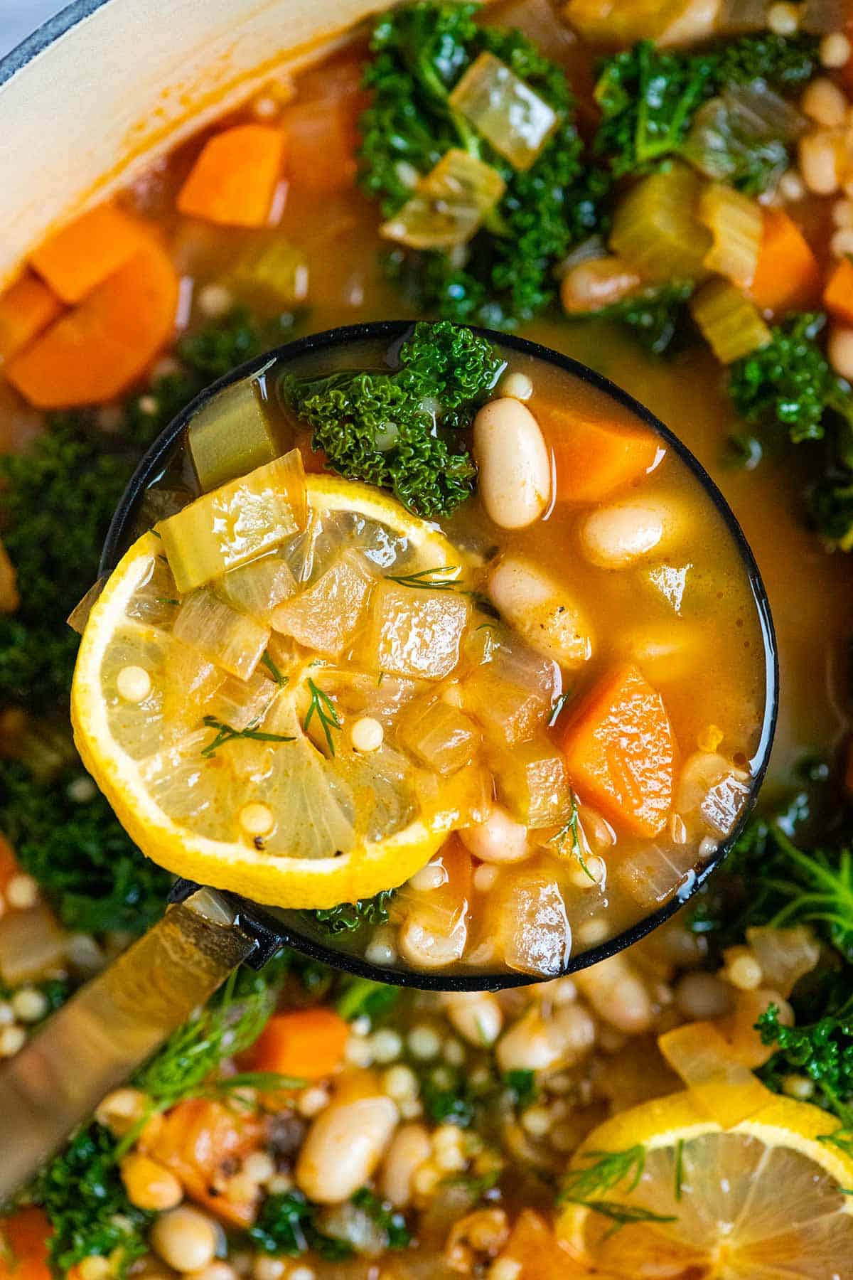 Un cucharón lleno de sopa de verduras y frijoles blancos