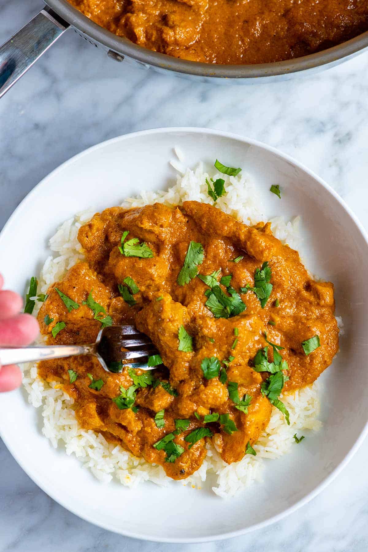 Bowl of Indian-inspired chicken curry with rice