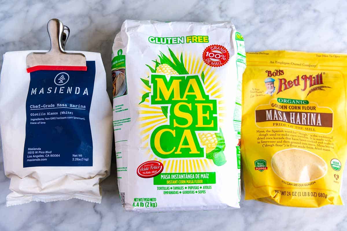 Three bags of masa harina: Masienda, Maseca and Bob's Red Mill