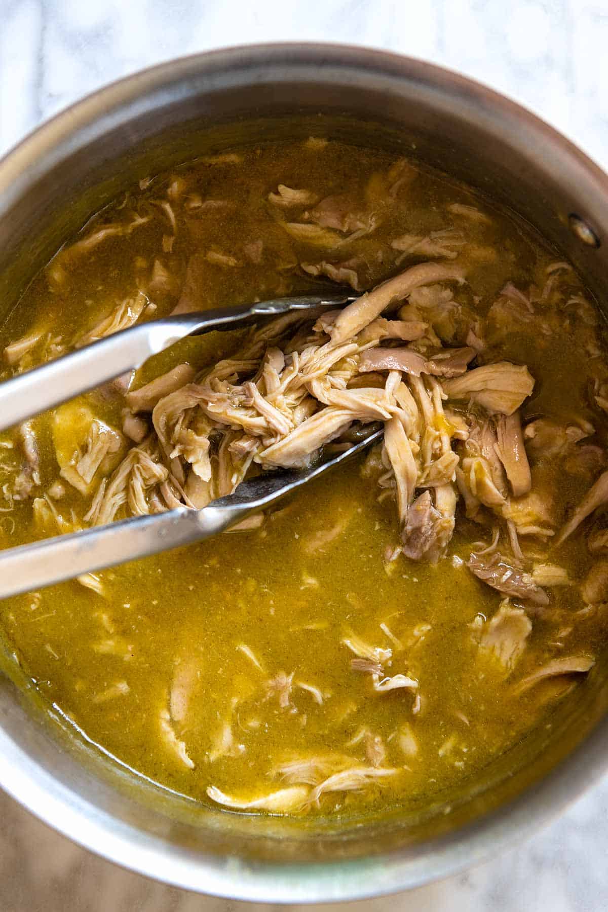 Shredded Green Chile Chicken ready for Homemade Chicken Quesadillas