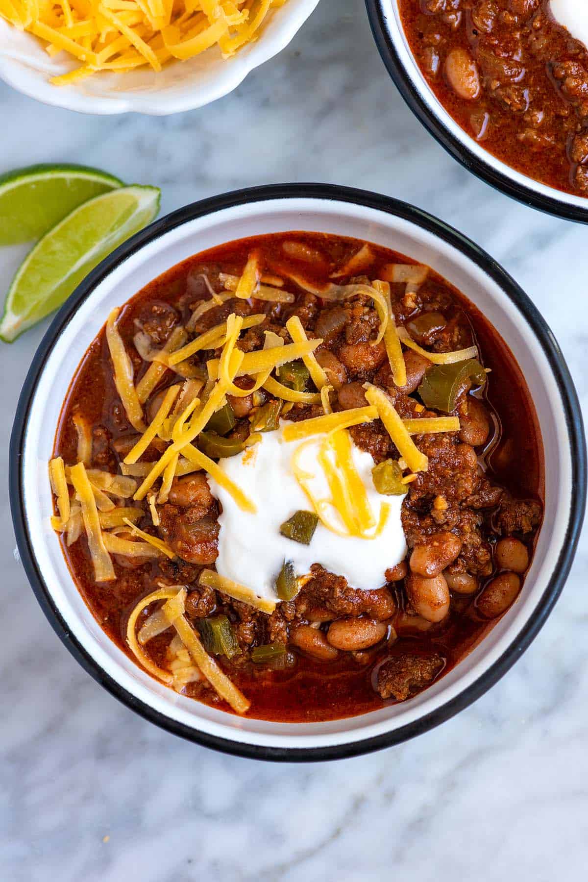 A bowl of chili with beef and beans