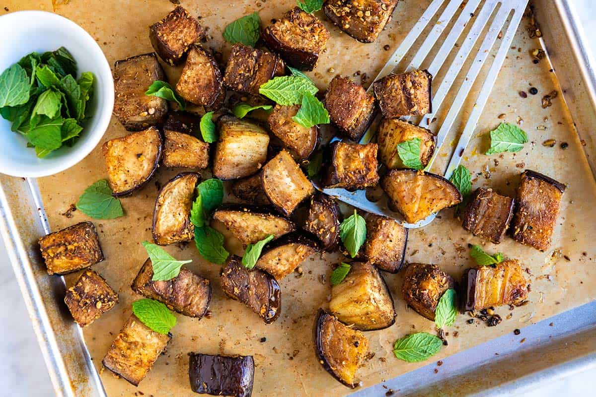 Roasted eggplant on a baking sheet