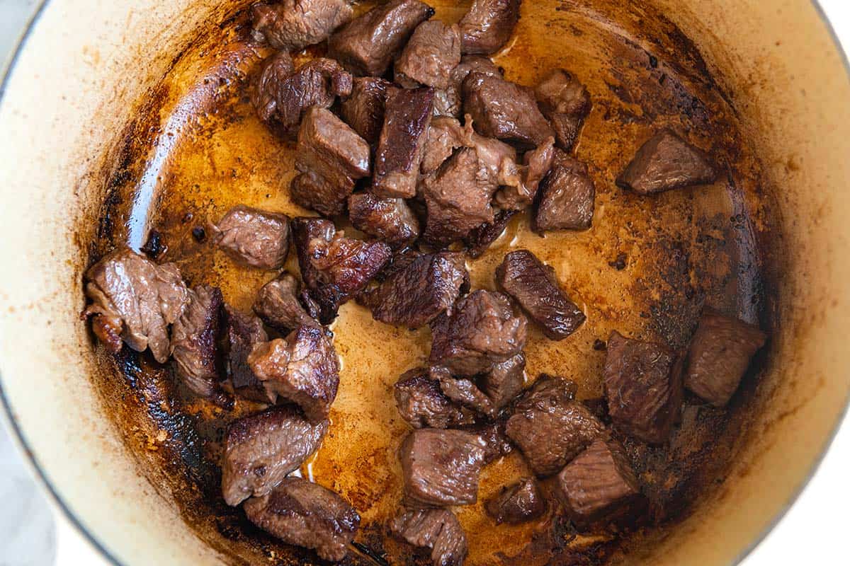 Browning beef chuck for Texas chili